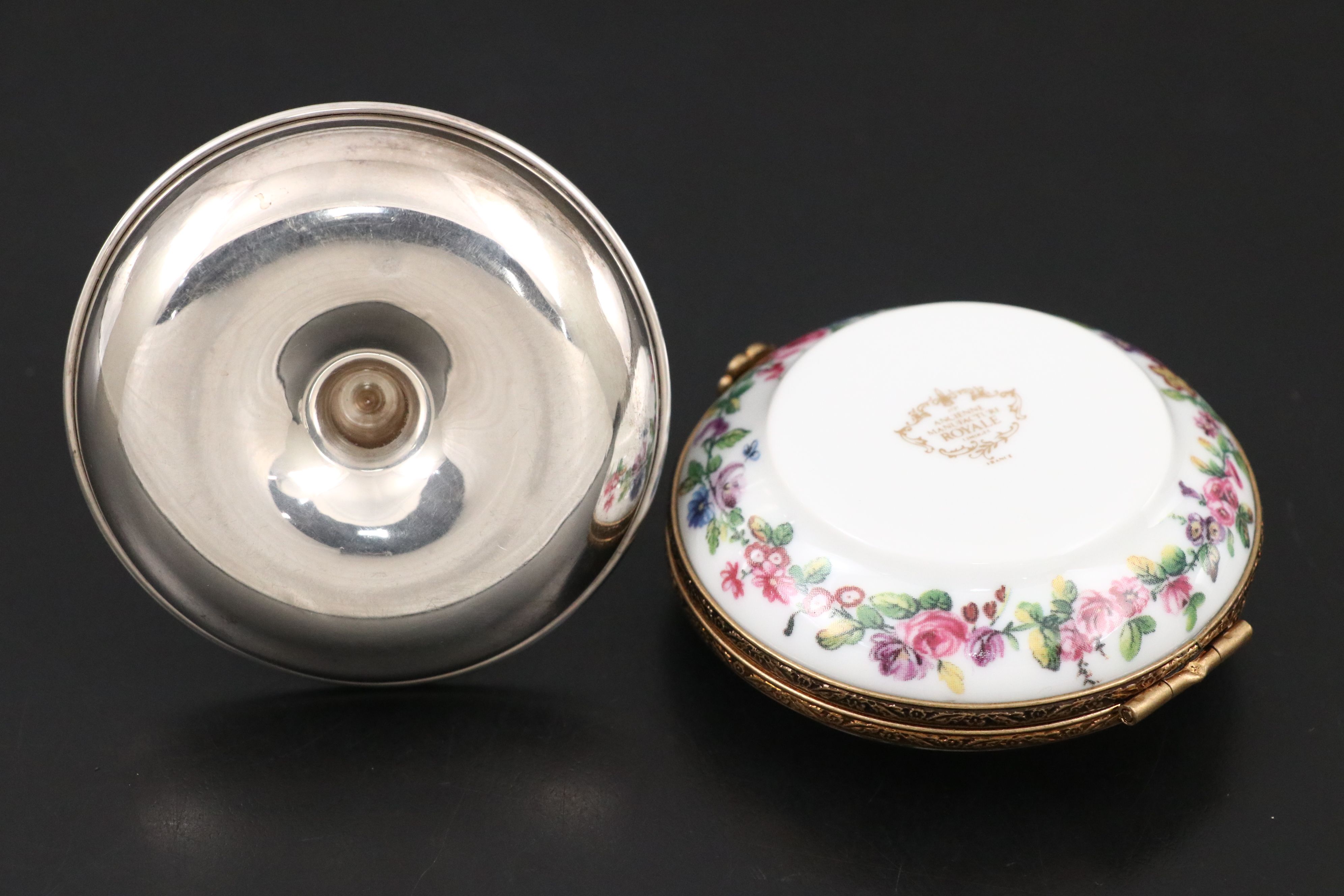 Cherub Form 800 Silver Pin Dish with Floral Porcelain Limoges Box