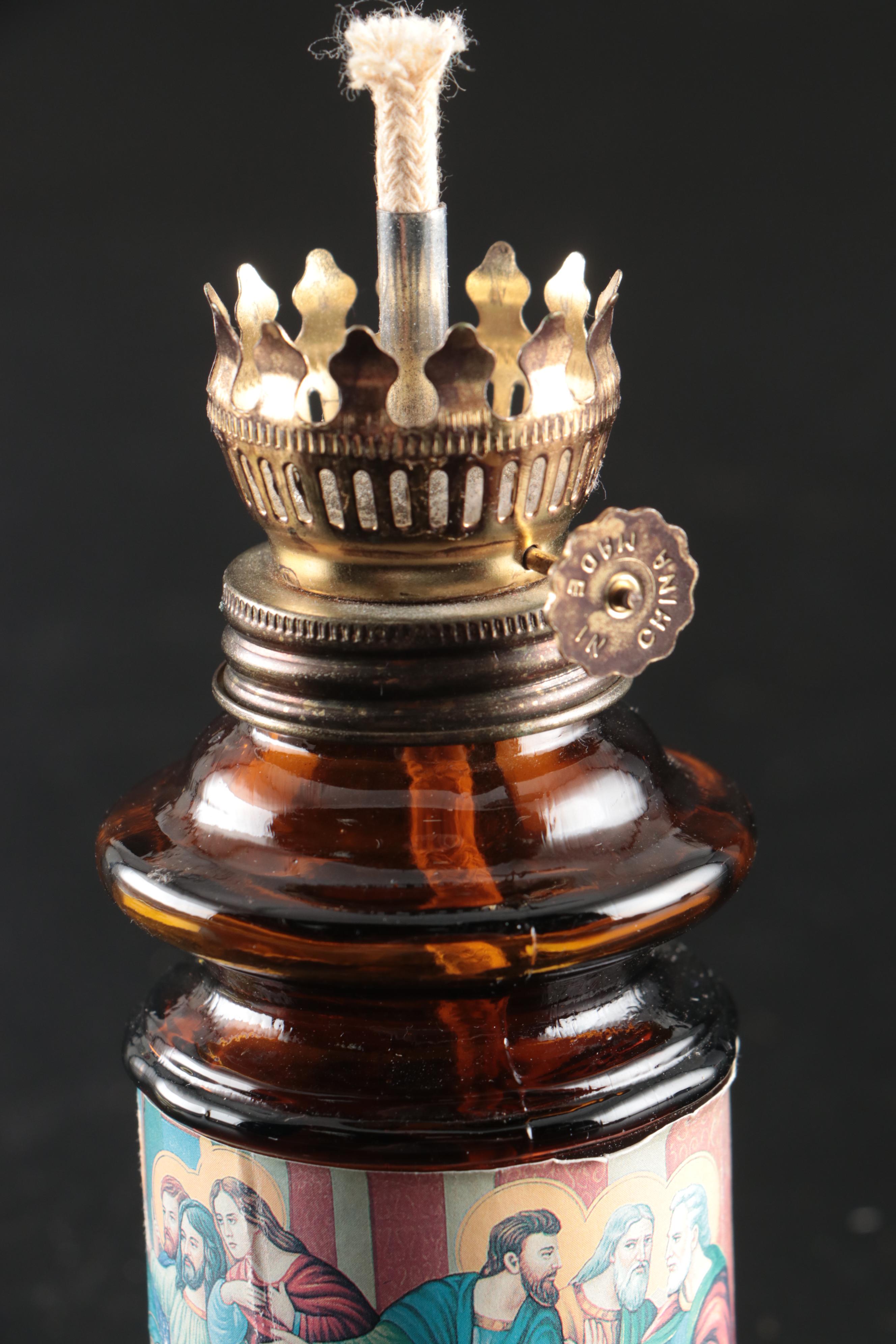 Victorian Style Glass Oil Lamps with "The Last Supper" Glass Oil Lamp