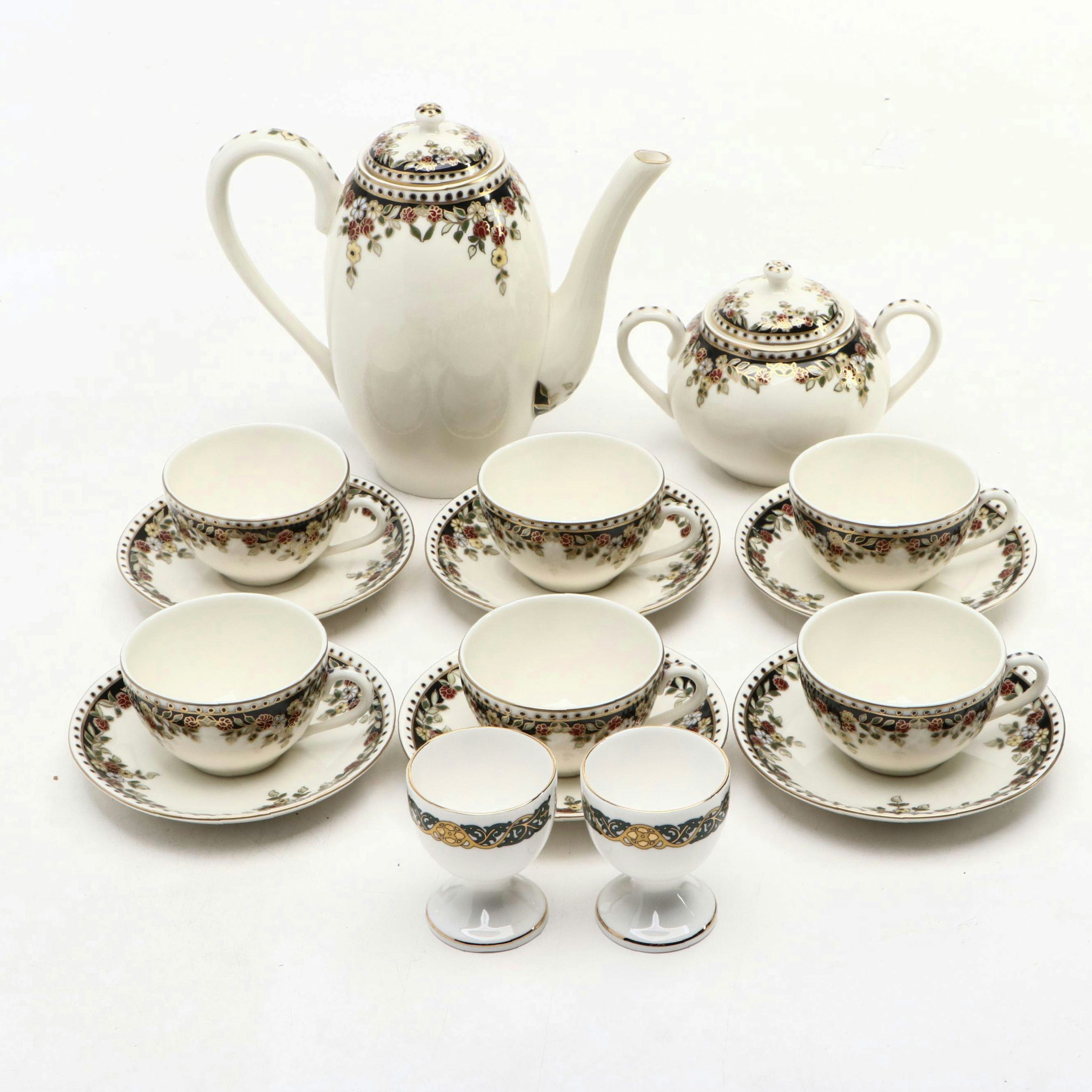 Zsolnay Hand-Painted Hungarian Porcelain Tea Set with Other Egg Cups