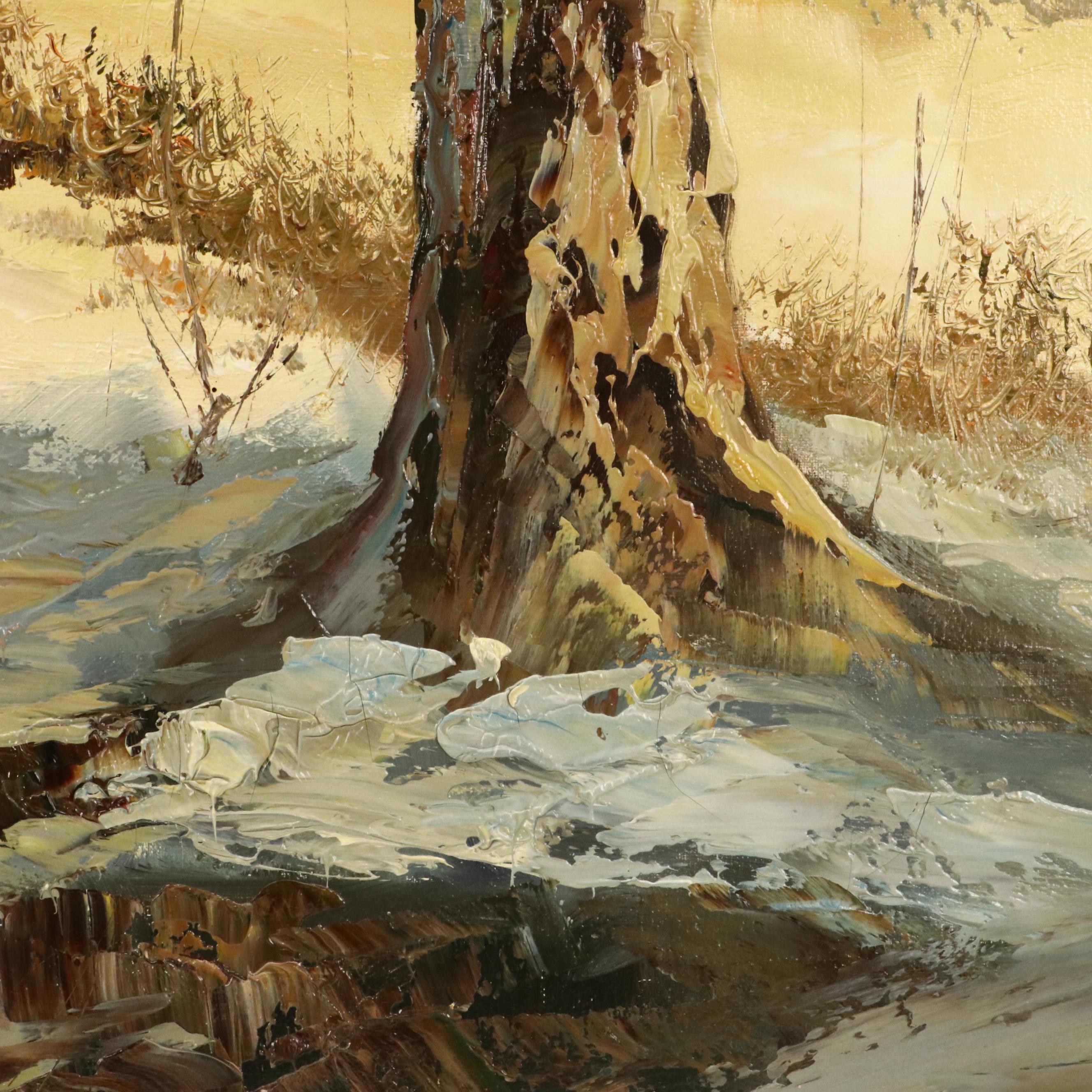 Winter Landscape Oil Painting, Circa 1970