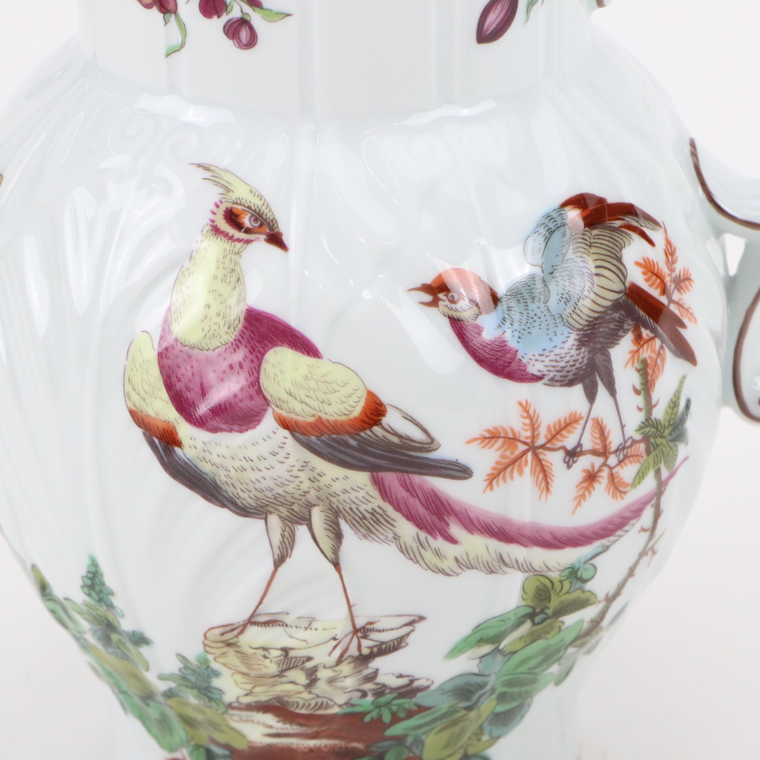 Pair of Mottahedeh "Chelsea Birds" Porcelain Pitchers