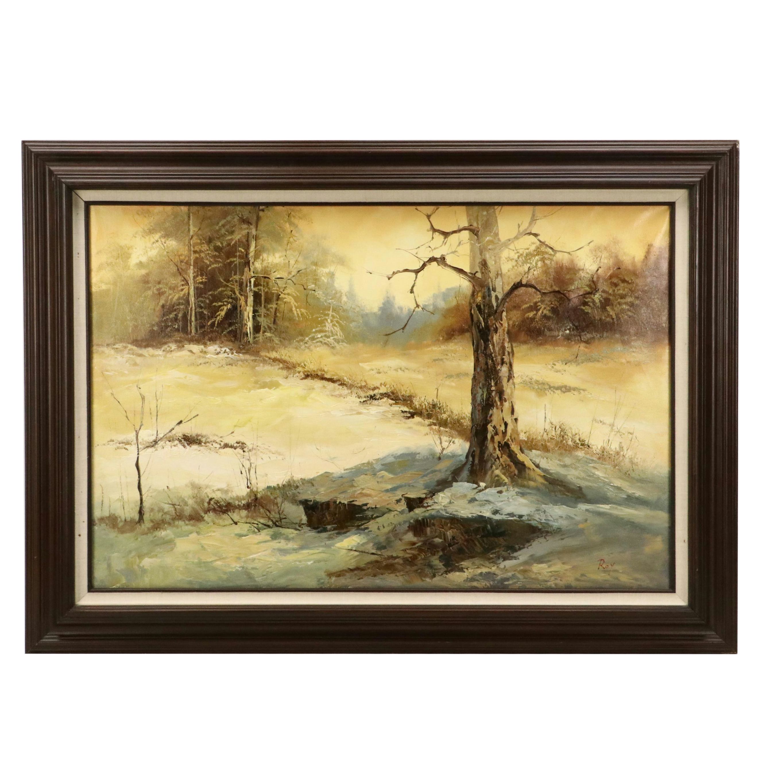 Winter Landscape Oil Painting, Circa 1970