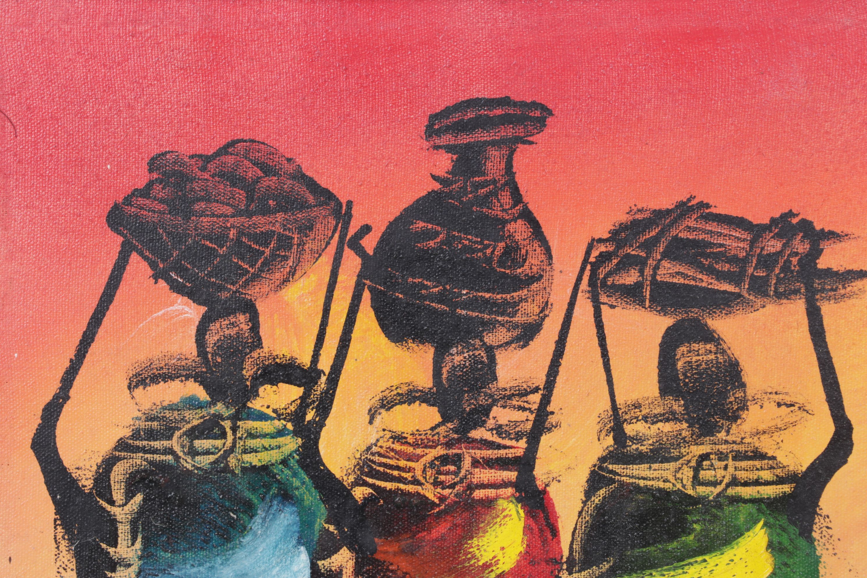 African Silhouette Acrylic Painting of Masaai Women, Early 21st Century