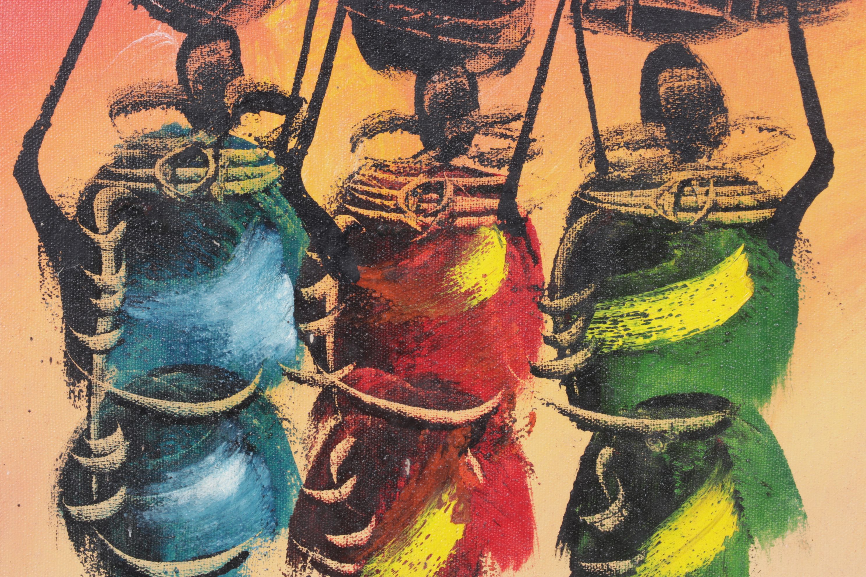 African Silhouette Acrylic Painting of Masaai Women, Early 21st Century