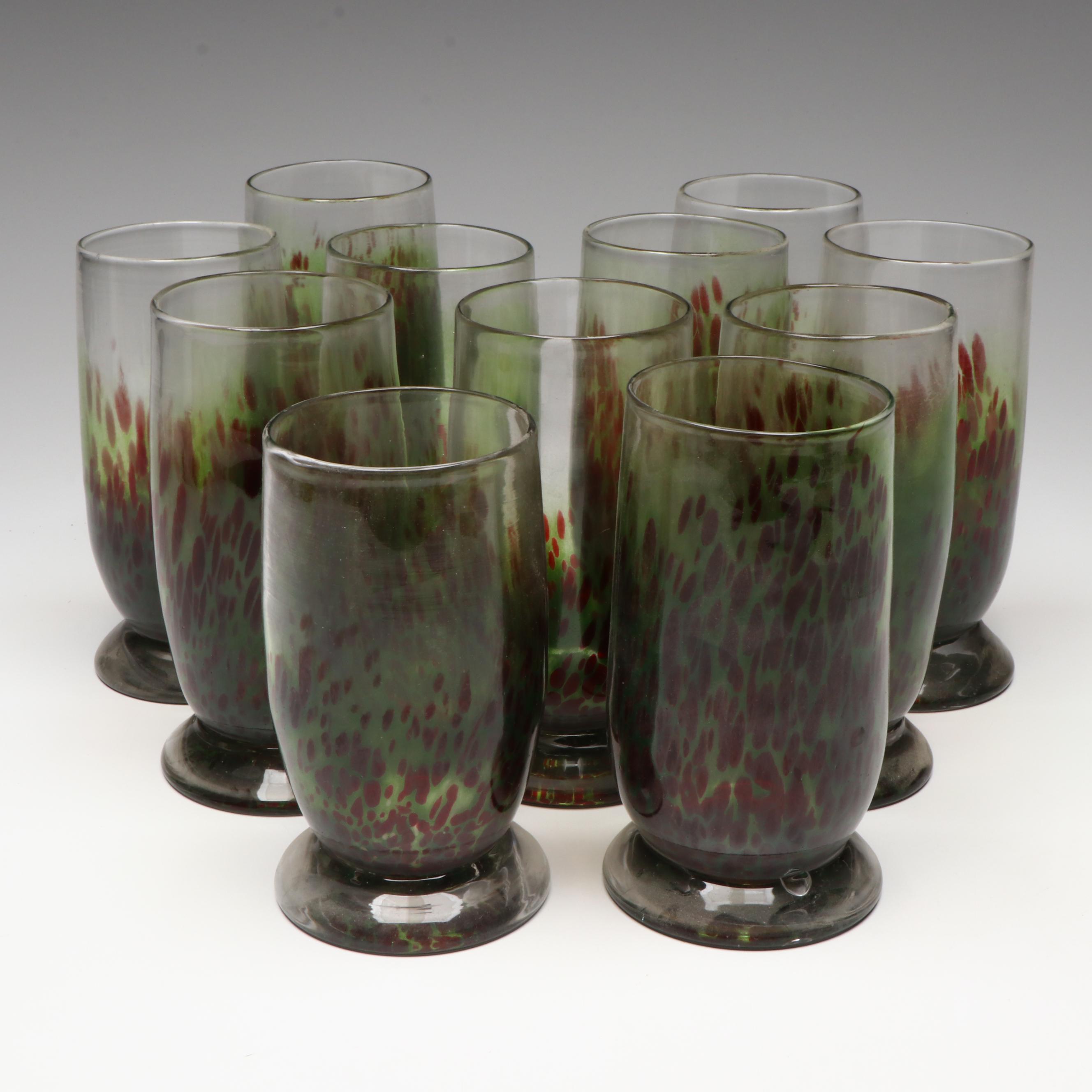 Blown Green and Red Mottled Glass Footed Tumblers