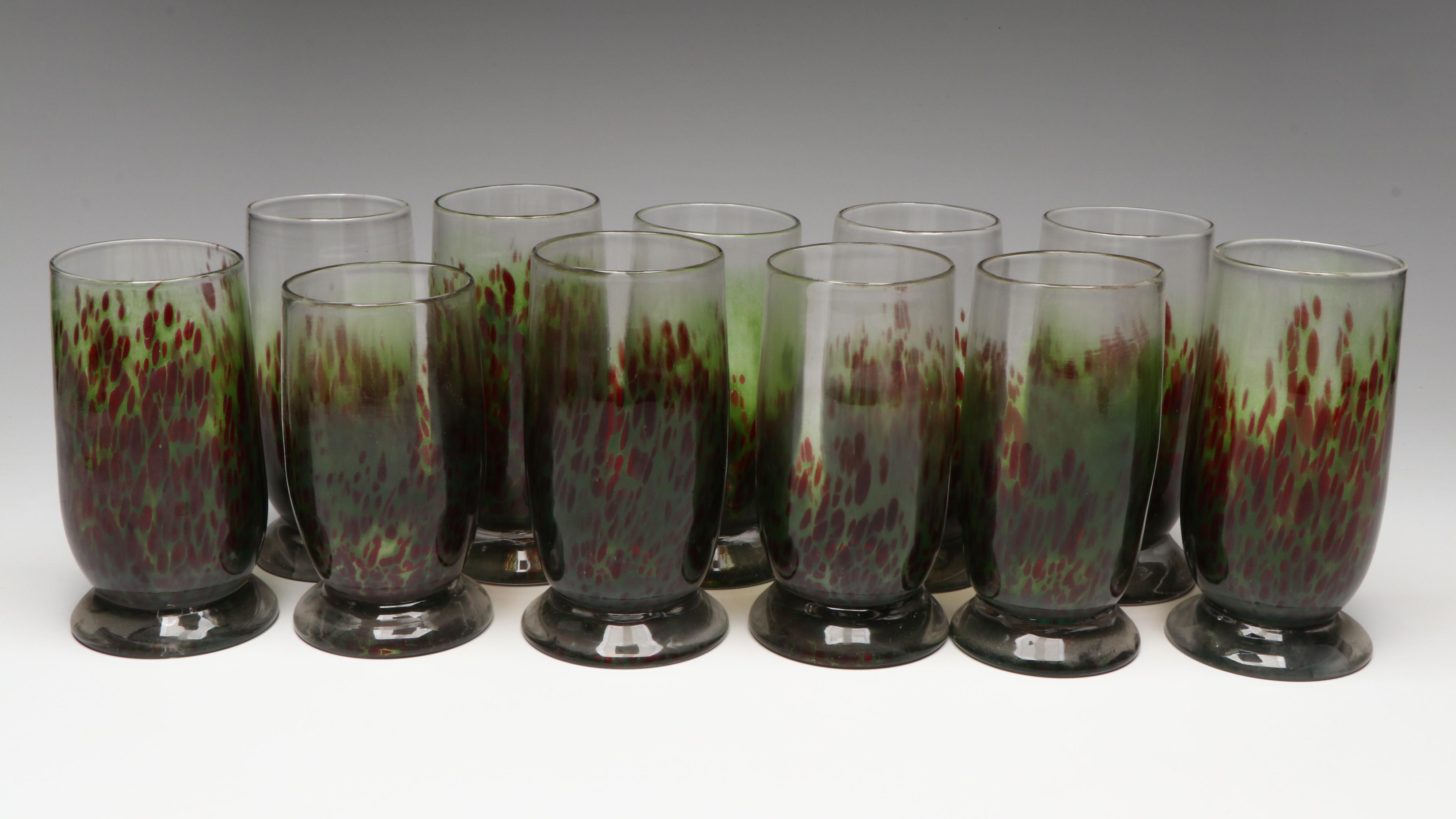 Blown Green and Red Mottled Glass Footed Tumblers