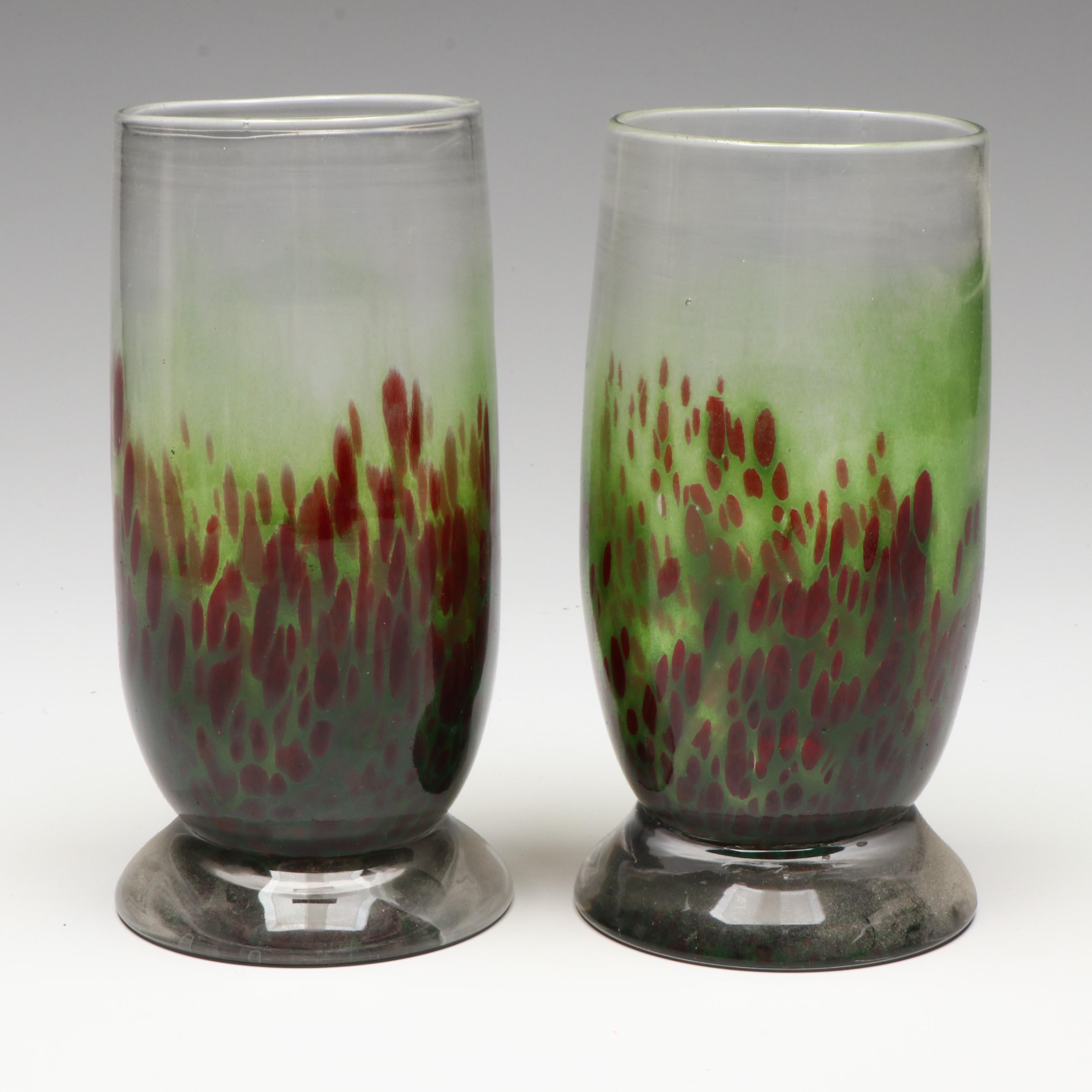 Blown Green and Red Mottled Glass Footed Tumblers