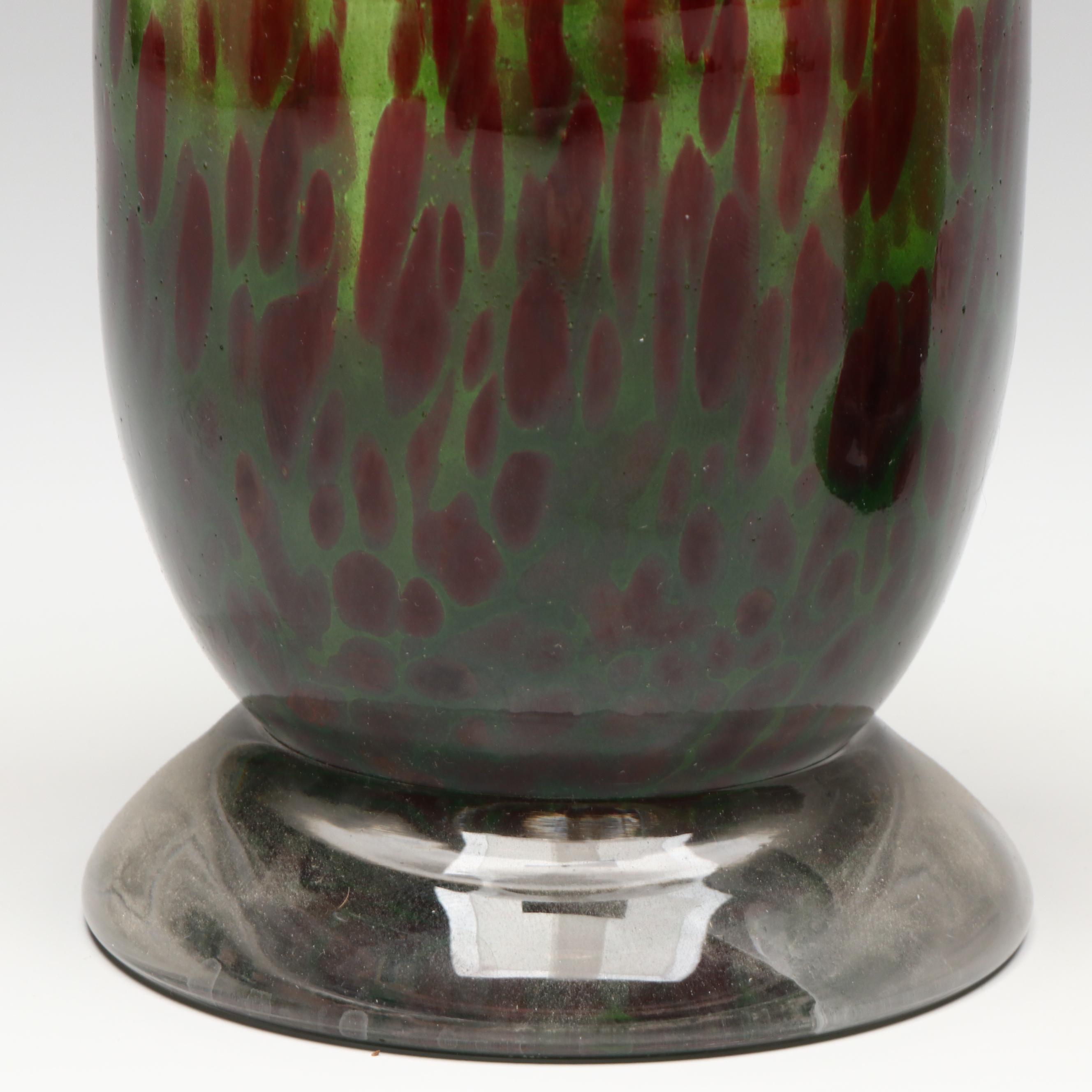 Blown Green and Red Mottled Glass Footed Tumblers