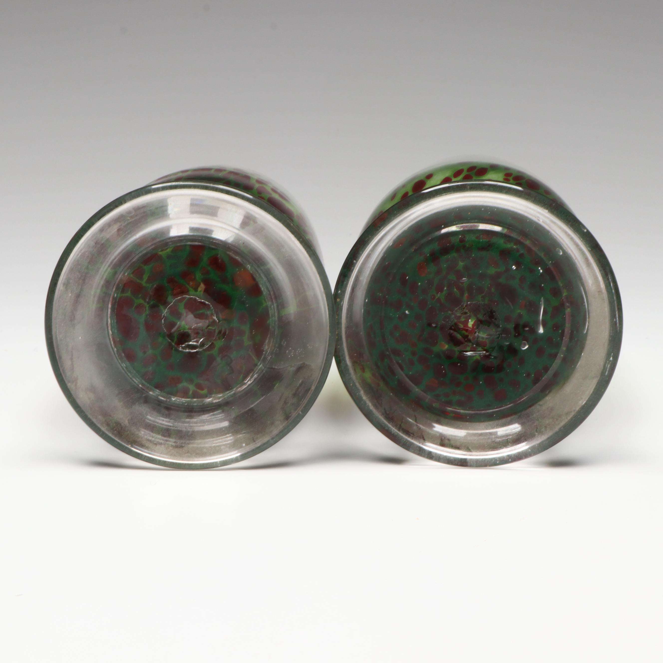 Blown Green and Red Mottled Glass Footed Tumblers