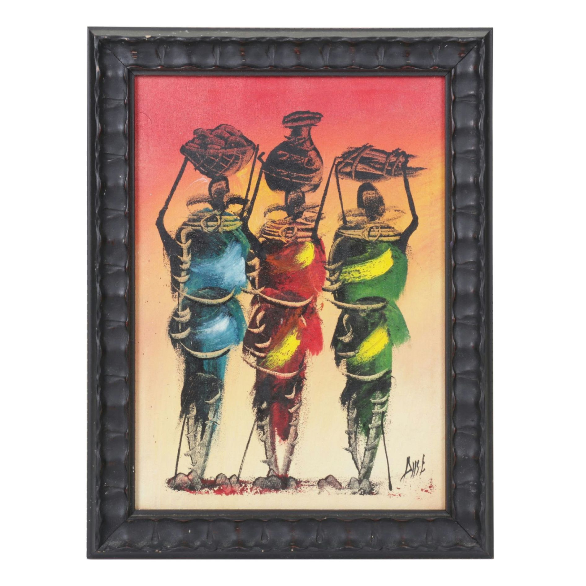 African Silhouette Acrylic Painting of Masaai Women, Early 21st Century
