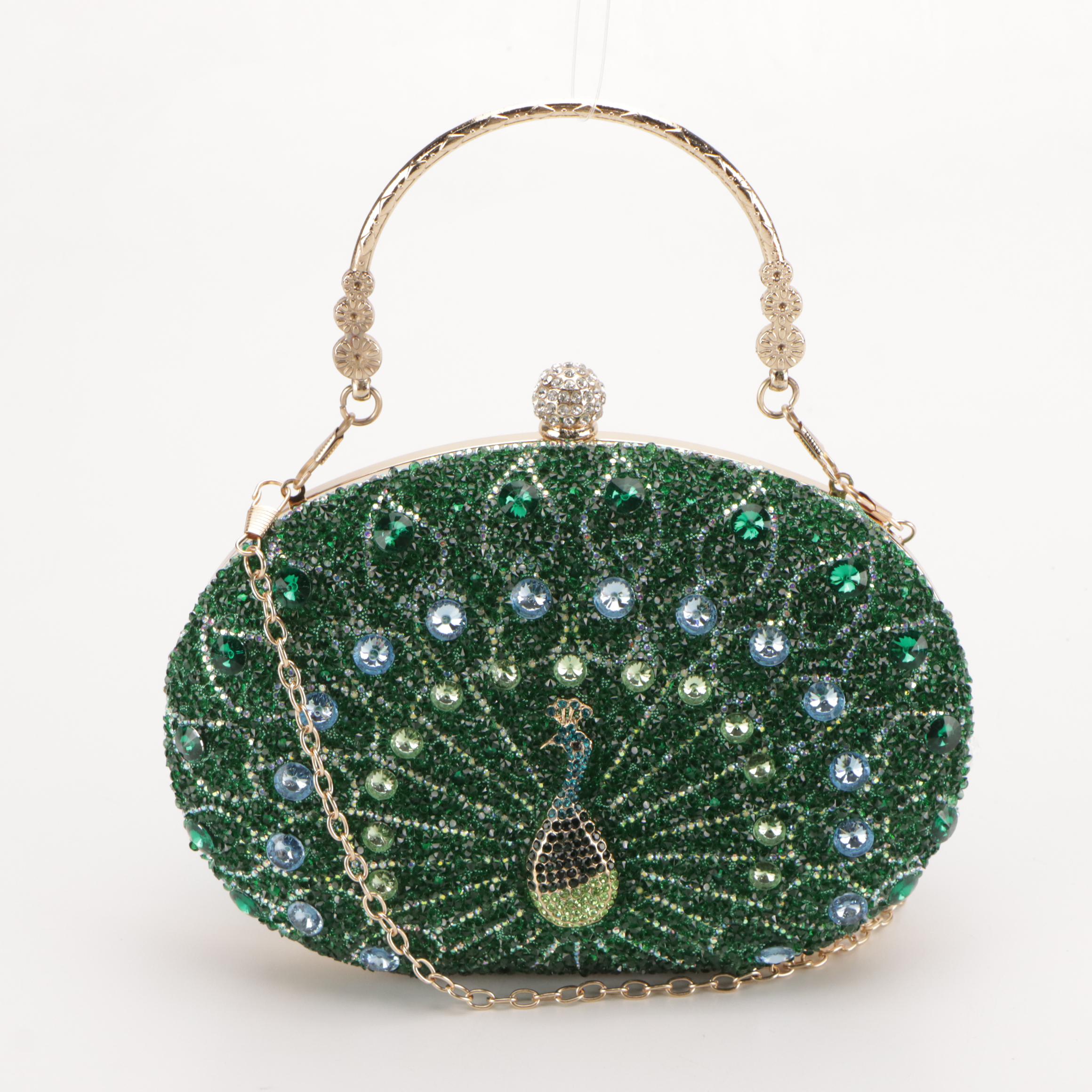 Peacock Motif Crystal Embellished Blue and Green Evening Bags