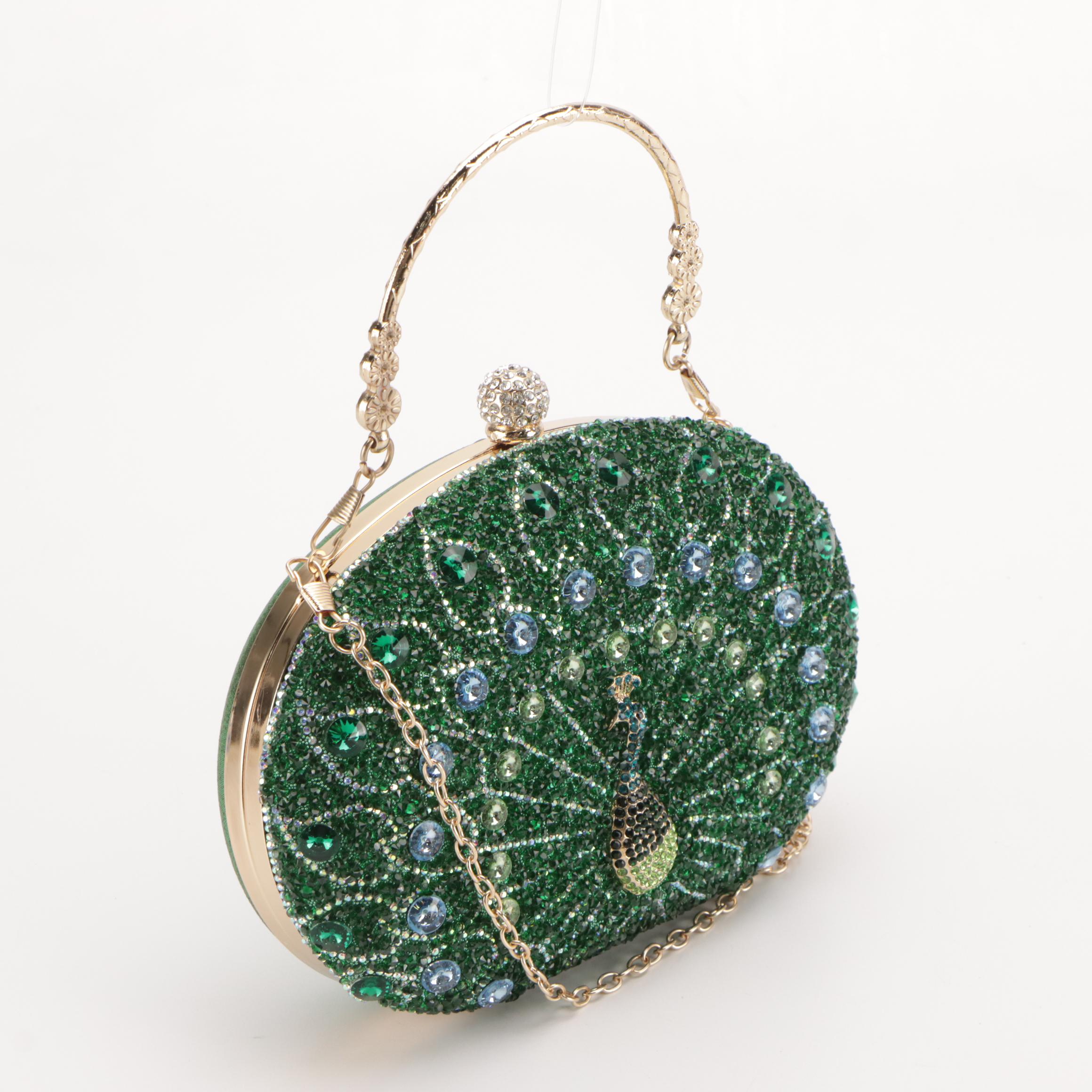 Peacock Motif Crystal Embellished Blue and Green Evening Bags