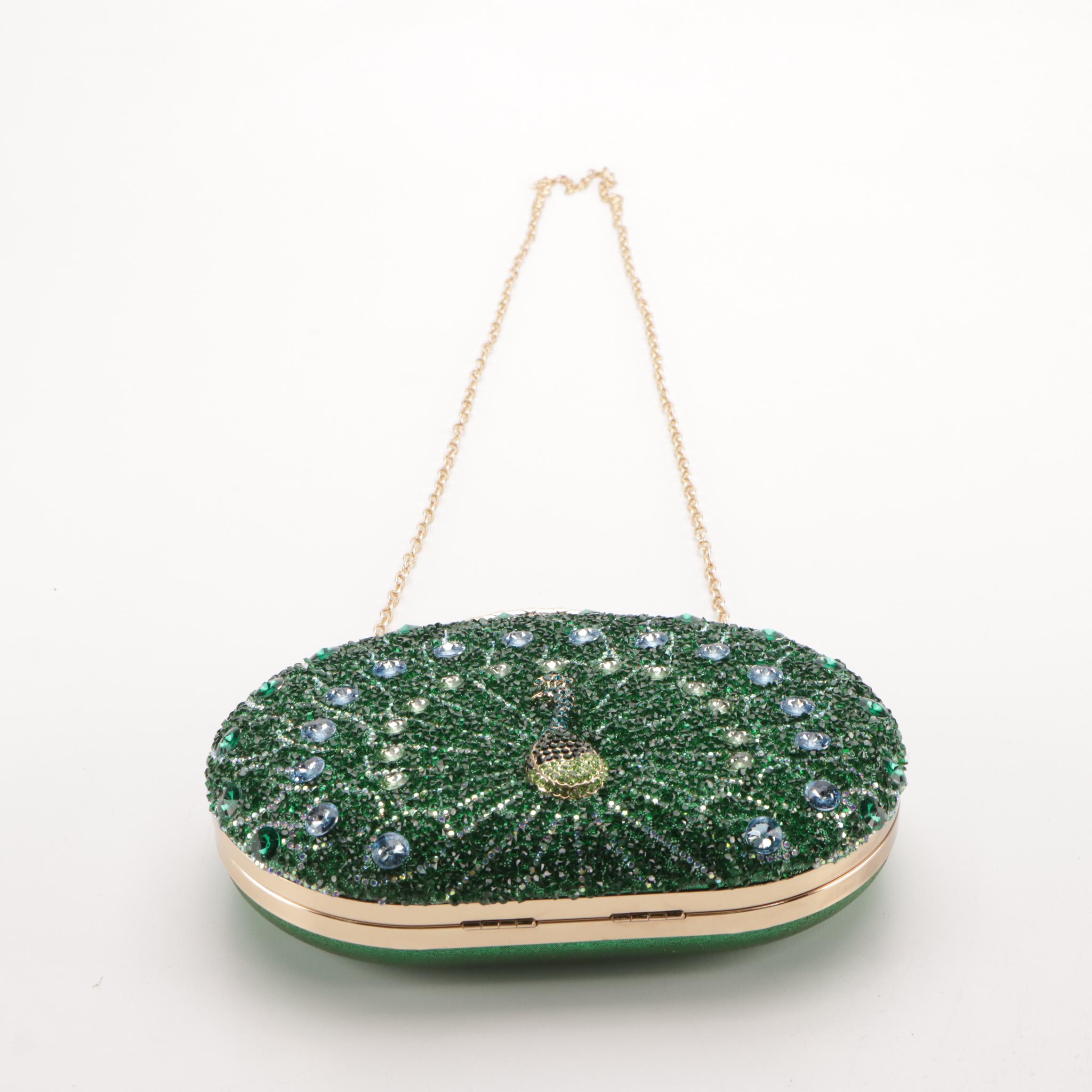 Peacock Motif Crystal Embellished Blue and Green Evening Bags