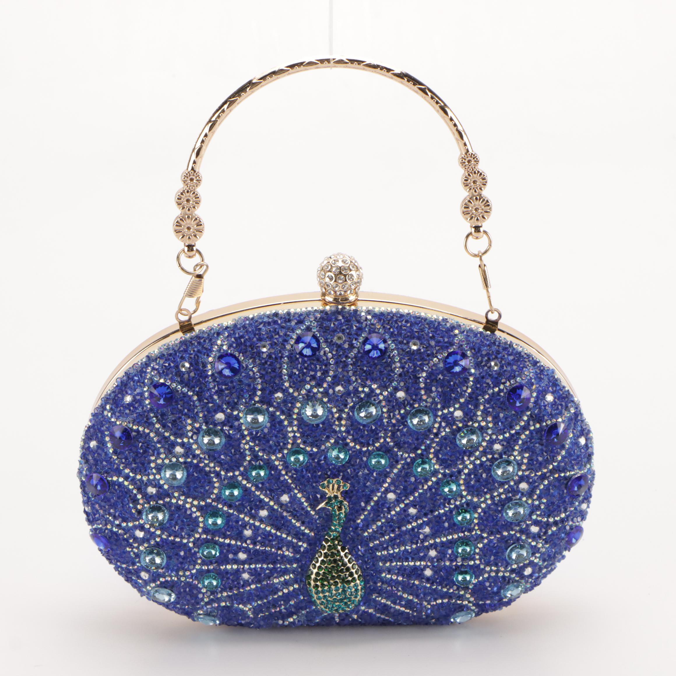 Peacock Motif Crystal Embellished Blue and Green Evening Bags