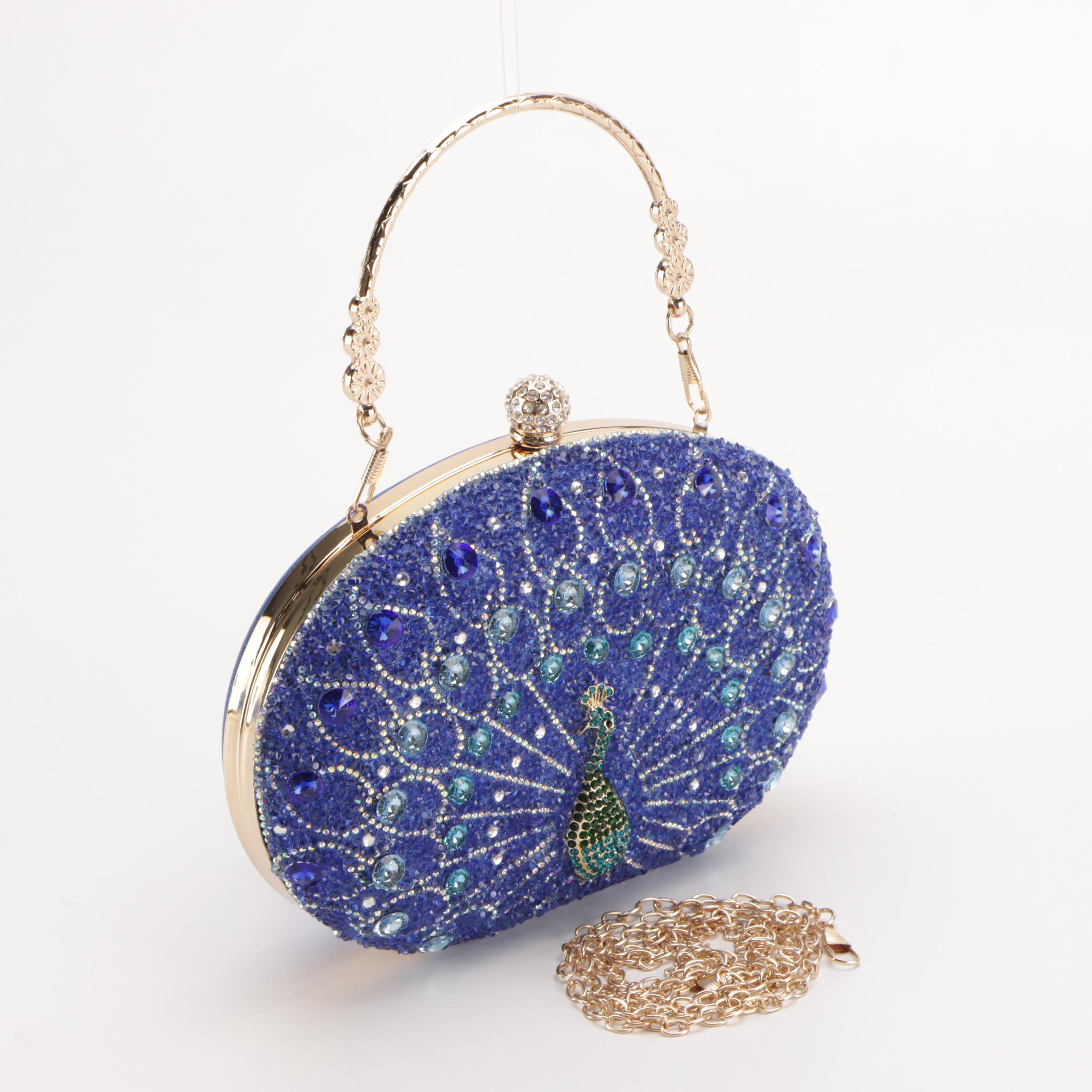 Peacock Motif Crystal Embellished Blue and Green Evening Bags