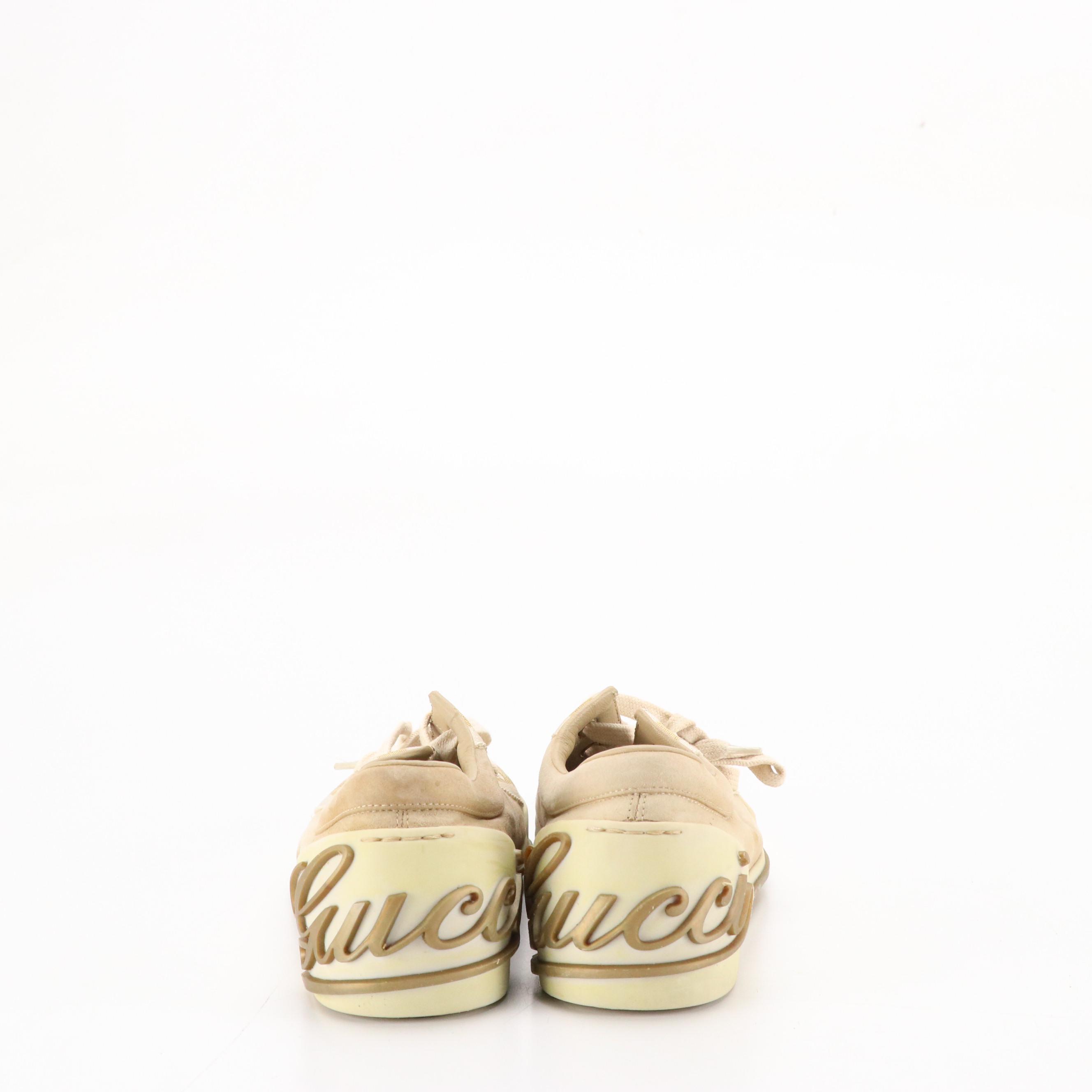 Gucci Boulevard Script Logo Suede and Web Stripe Lace-Up Sneakers