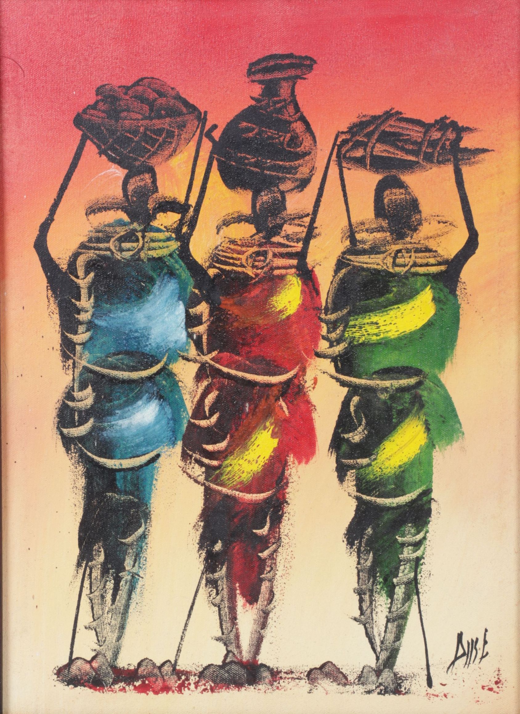 African Silhouette Acrylic Painting of Masaai Women, Early 21st Century