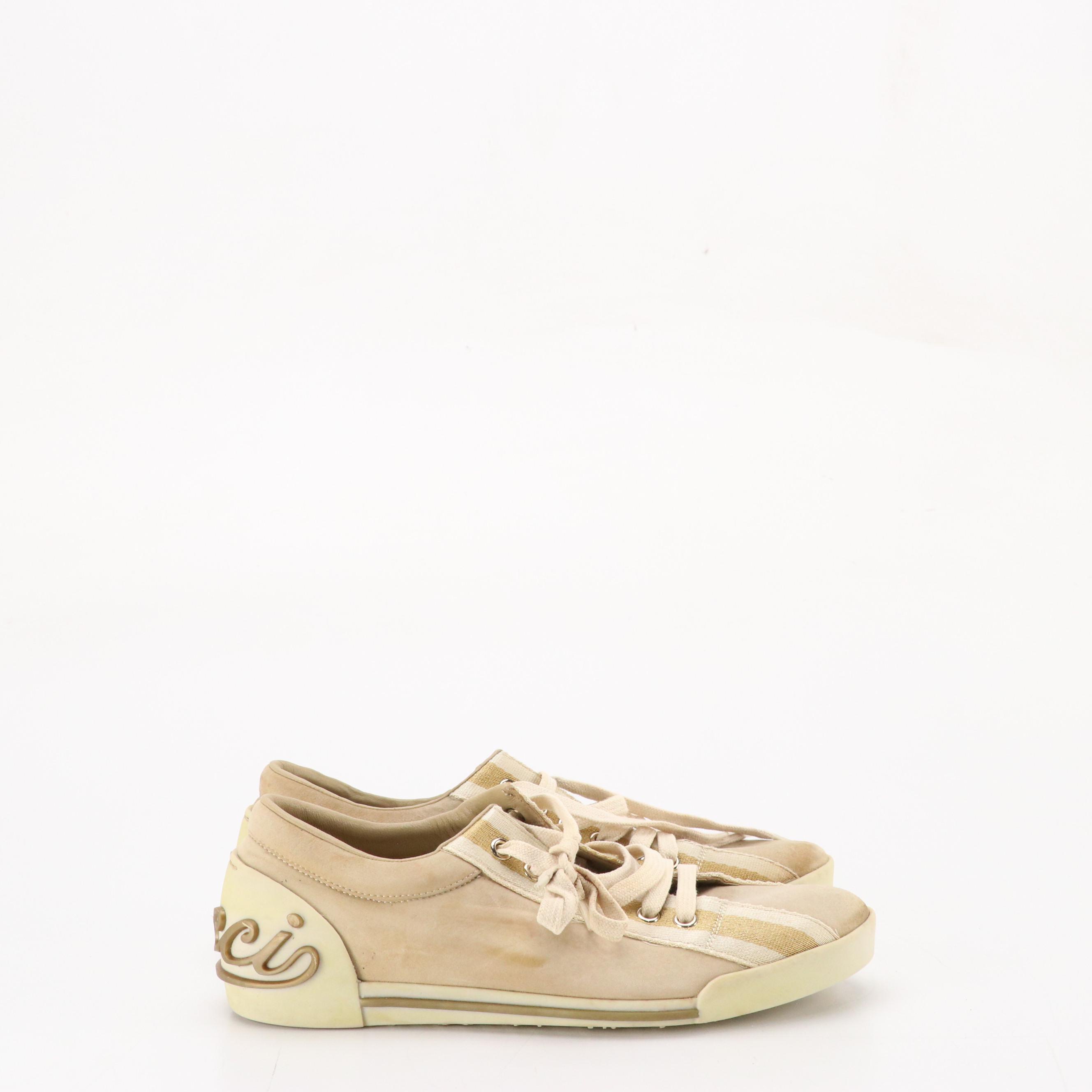 Gucci Boulevard Script Logo Suede and Web Stripe Lace-Up Sneakers