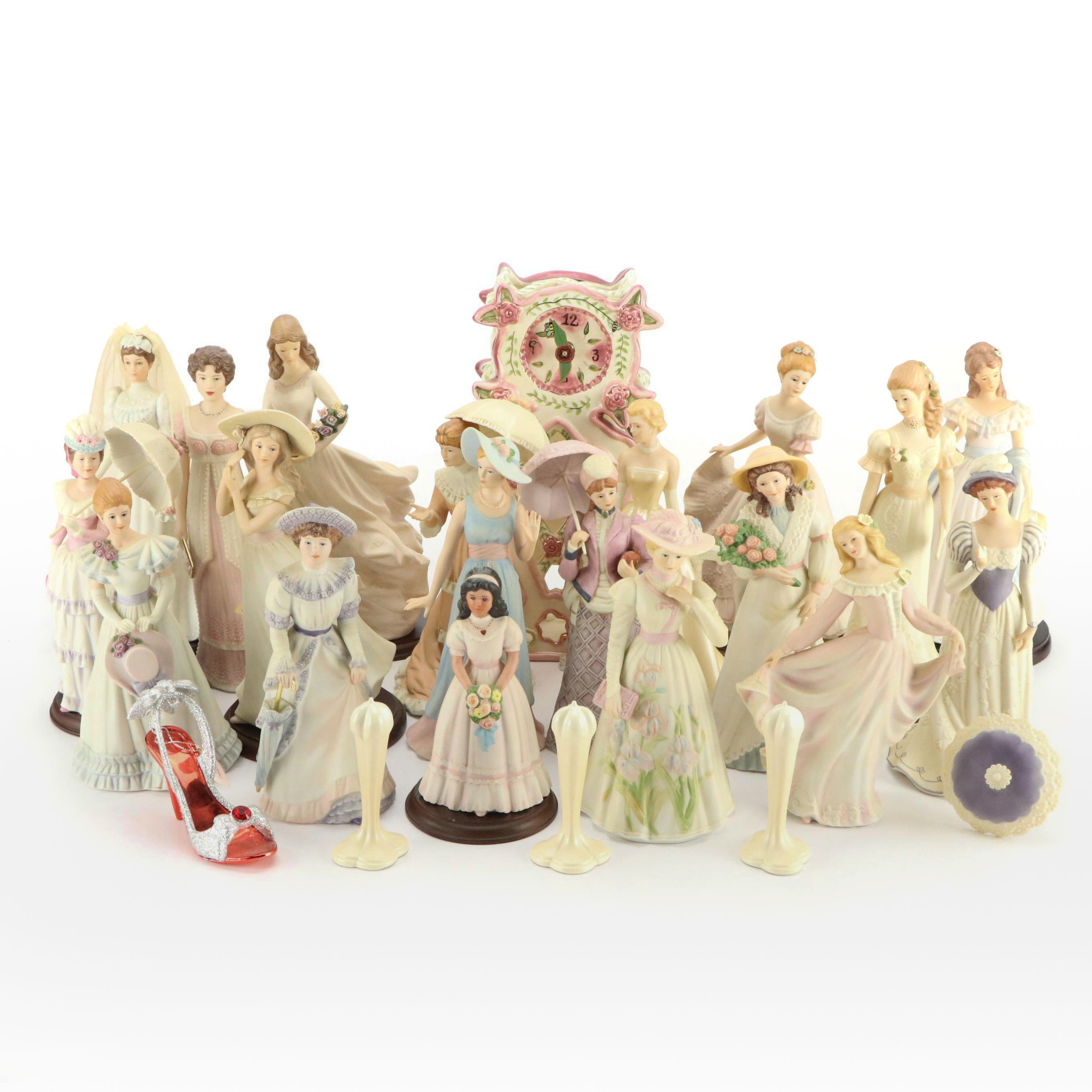 Homco Porcelain Victorian Lady Figurines with Hand-Painted Clock and Other Décor