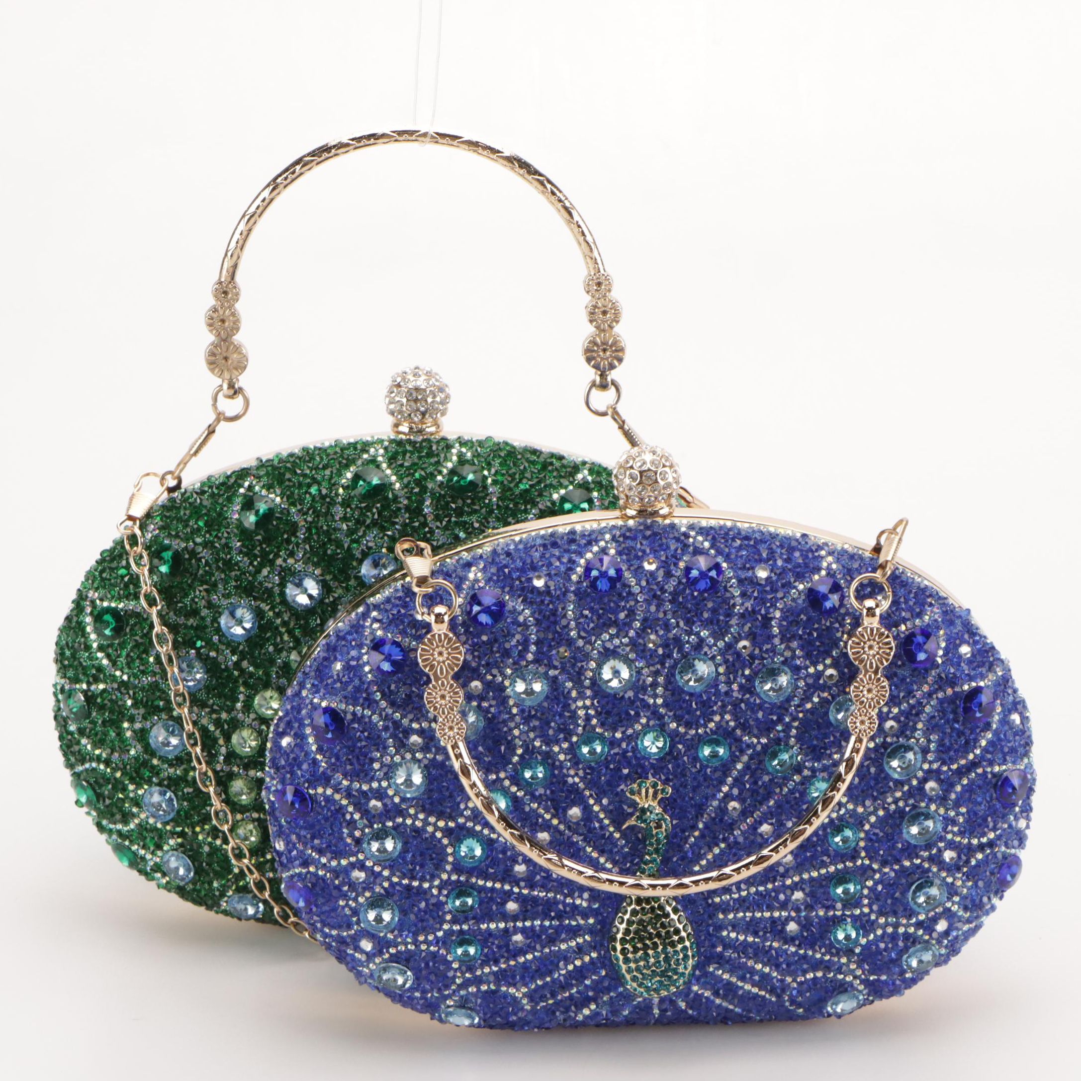 Peacock Motif Crystal Embellished Blue and Green Evening Bags