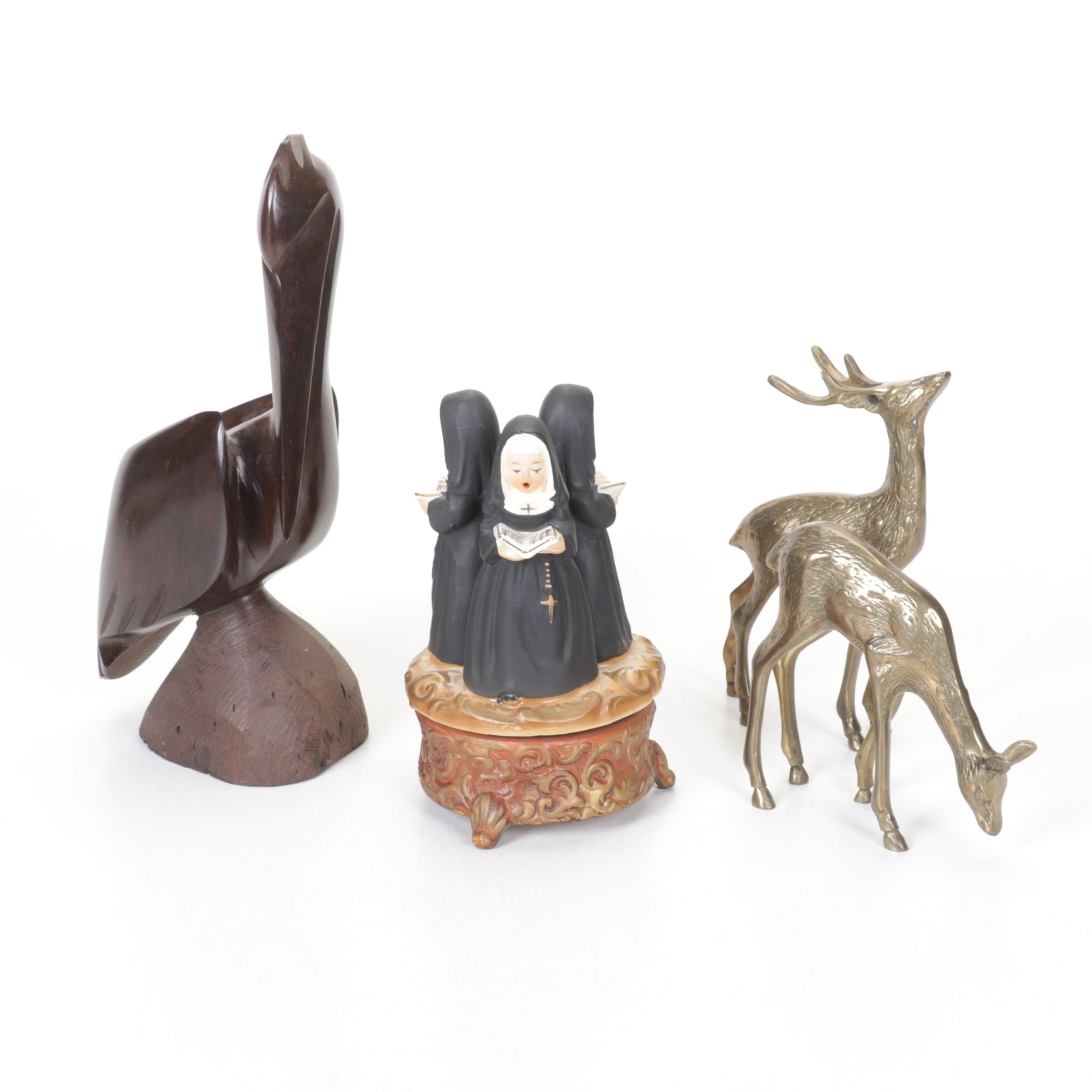 Ceramic Singing Nuns Music Box with Carved Wood Pelican and Two Brass Deer