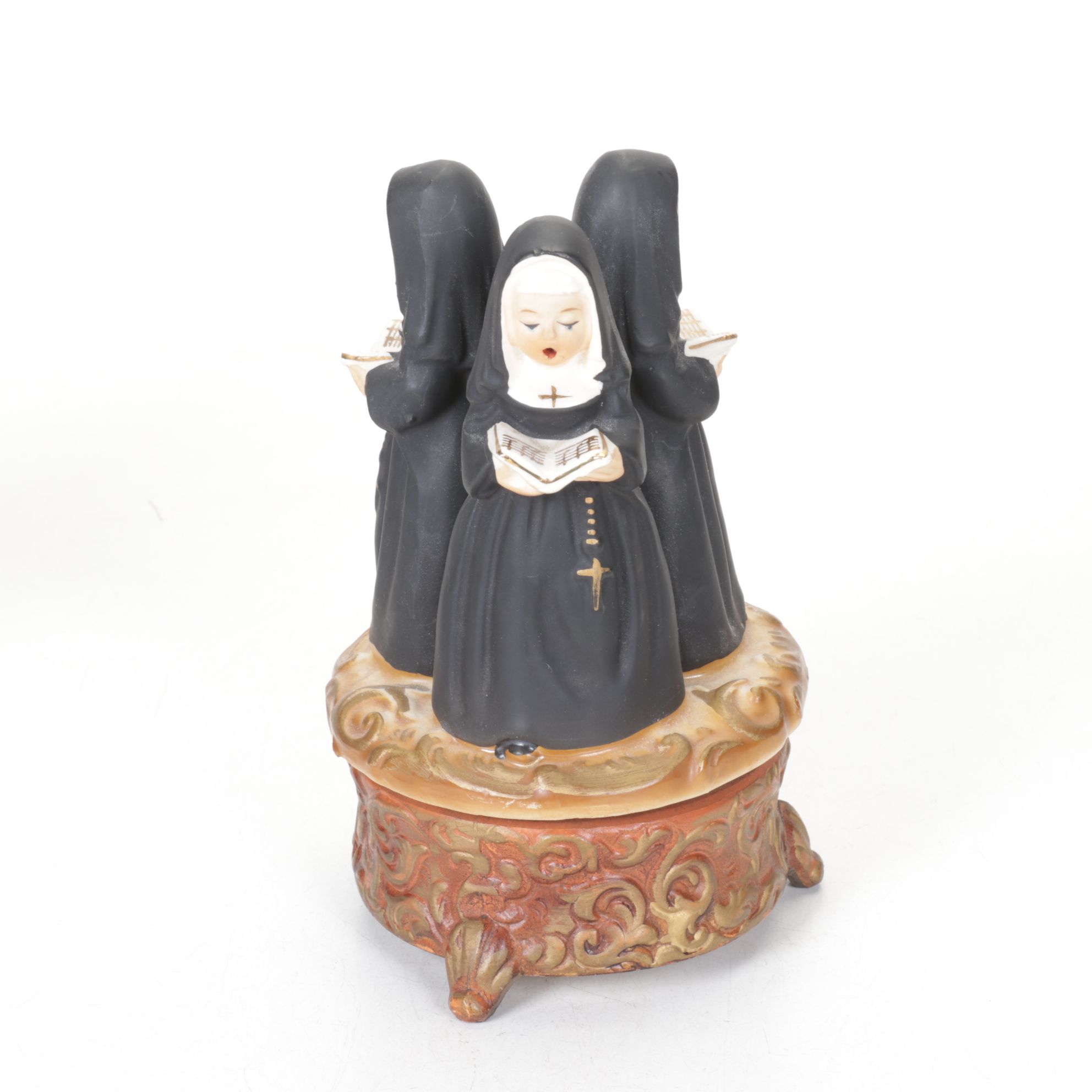 Ceramic Singing Nuns Music Box with Carved Wood Pelican and Two Brass Deer