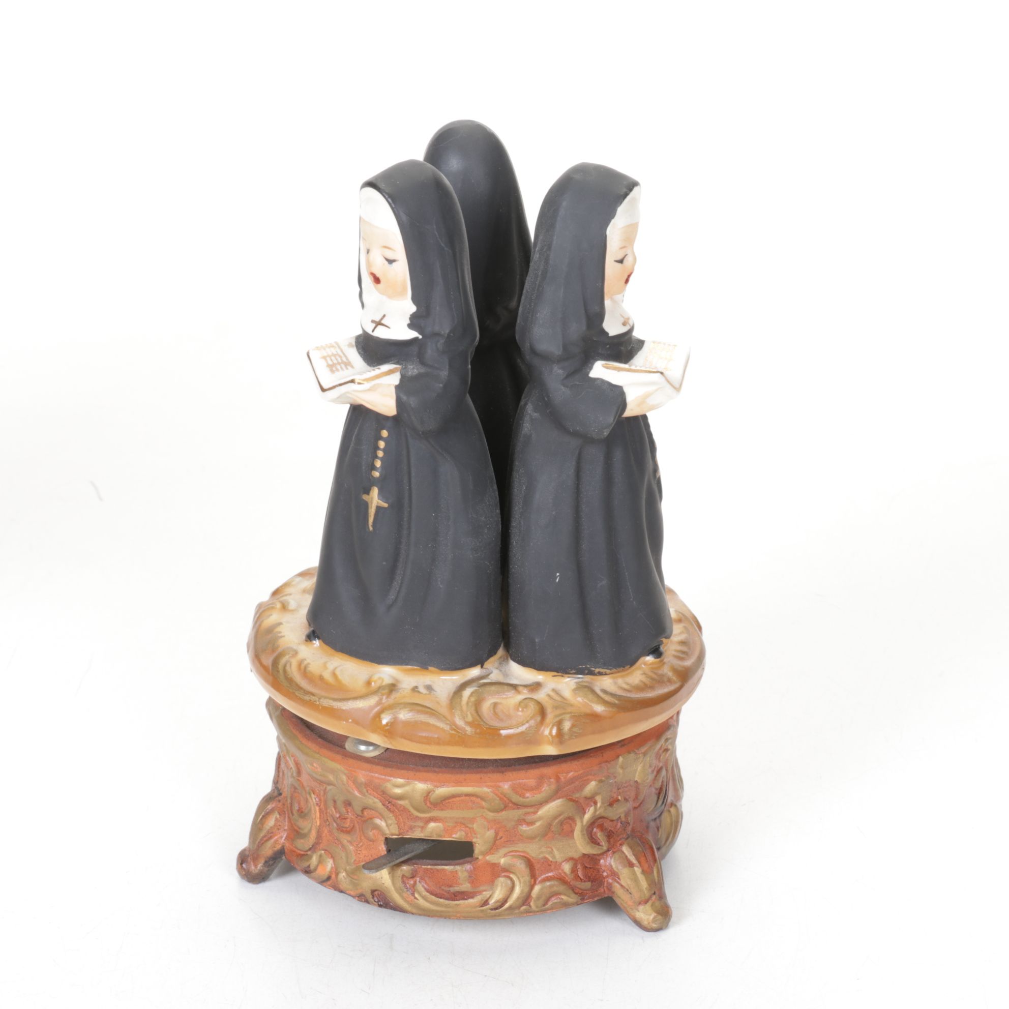 Ceramic Singing Nuns Music Box with Carved Wood Pelican and Two Brass Deer