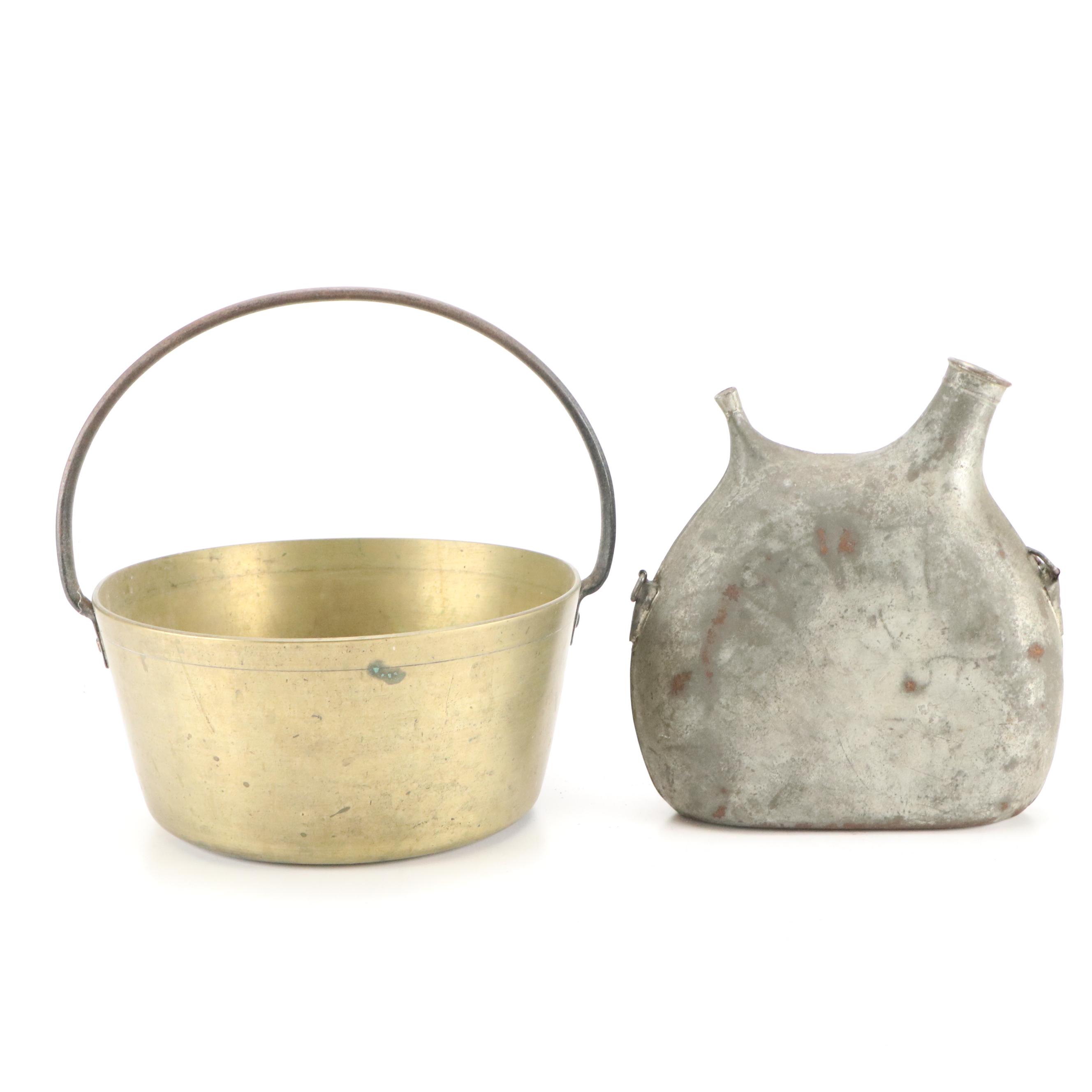 French WWI Era Metal Canteen with Native American Leather Doll and Other Décor