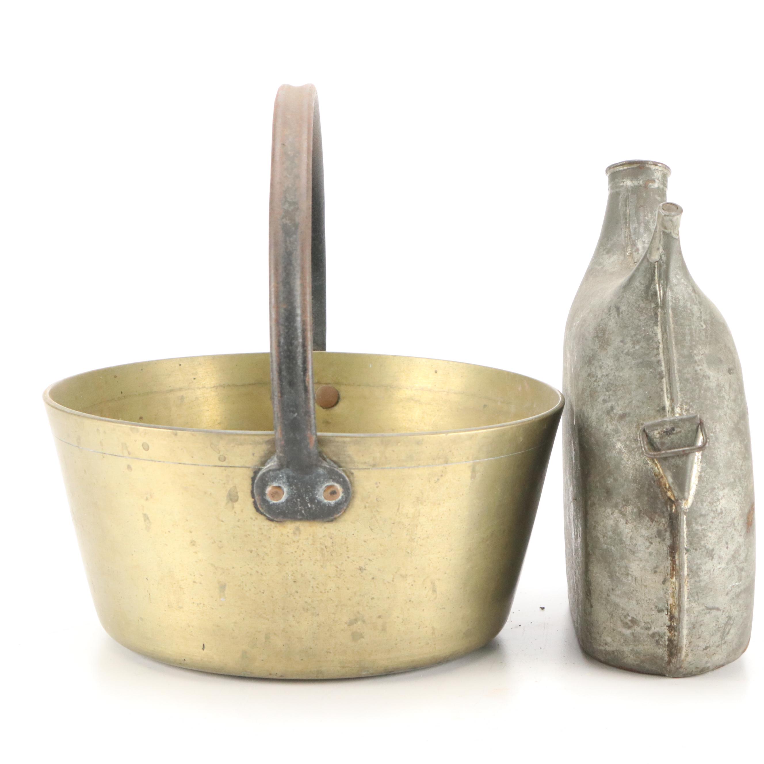 French WWI Era Metal Canteen with Native American Leather Doll and Other Décor