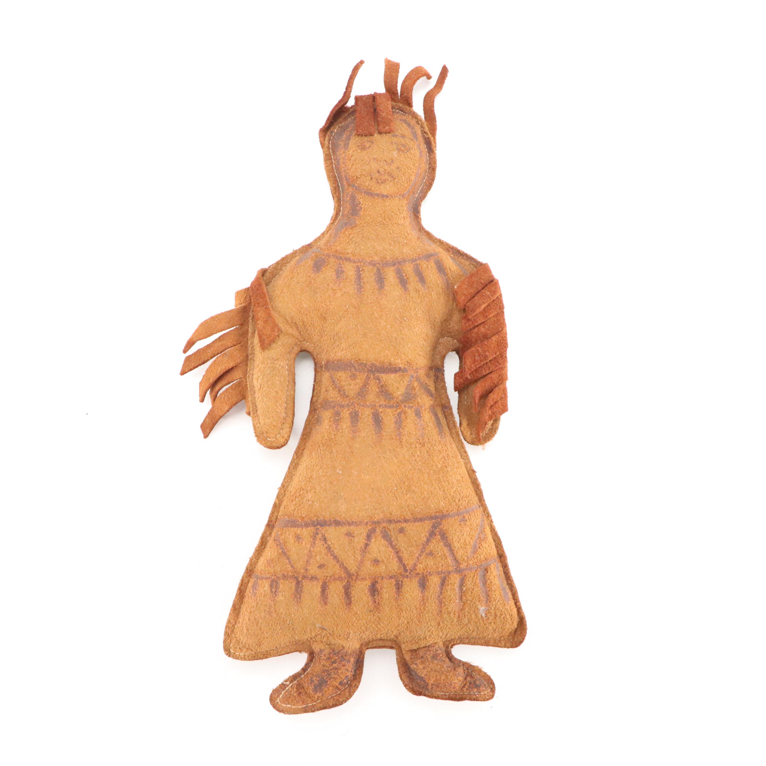 French WWI Era Metal Canteen with Native American Leather Doll and Other Décor