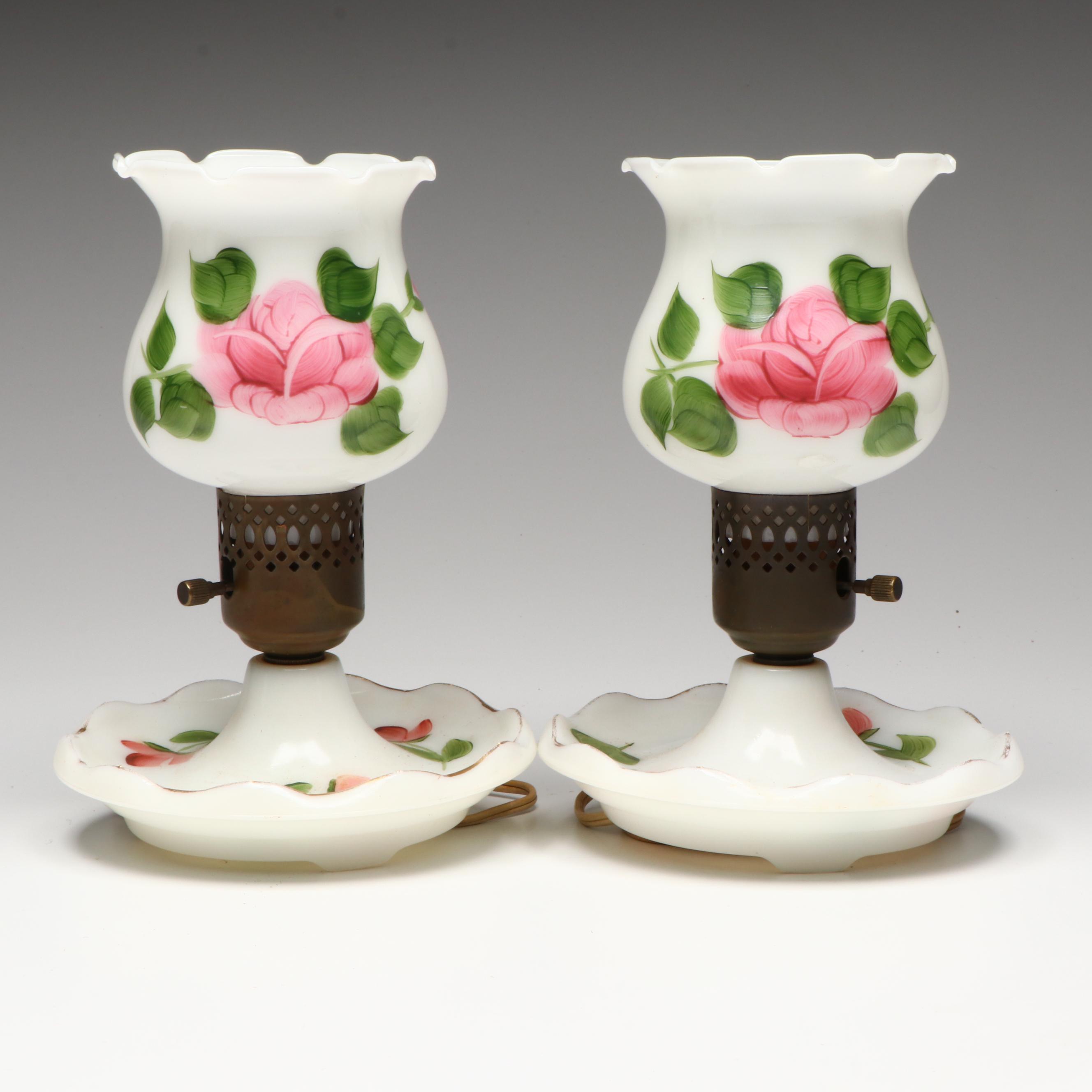 Pair of Hand-Painted Floral Milk Glass Accent Lamps