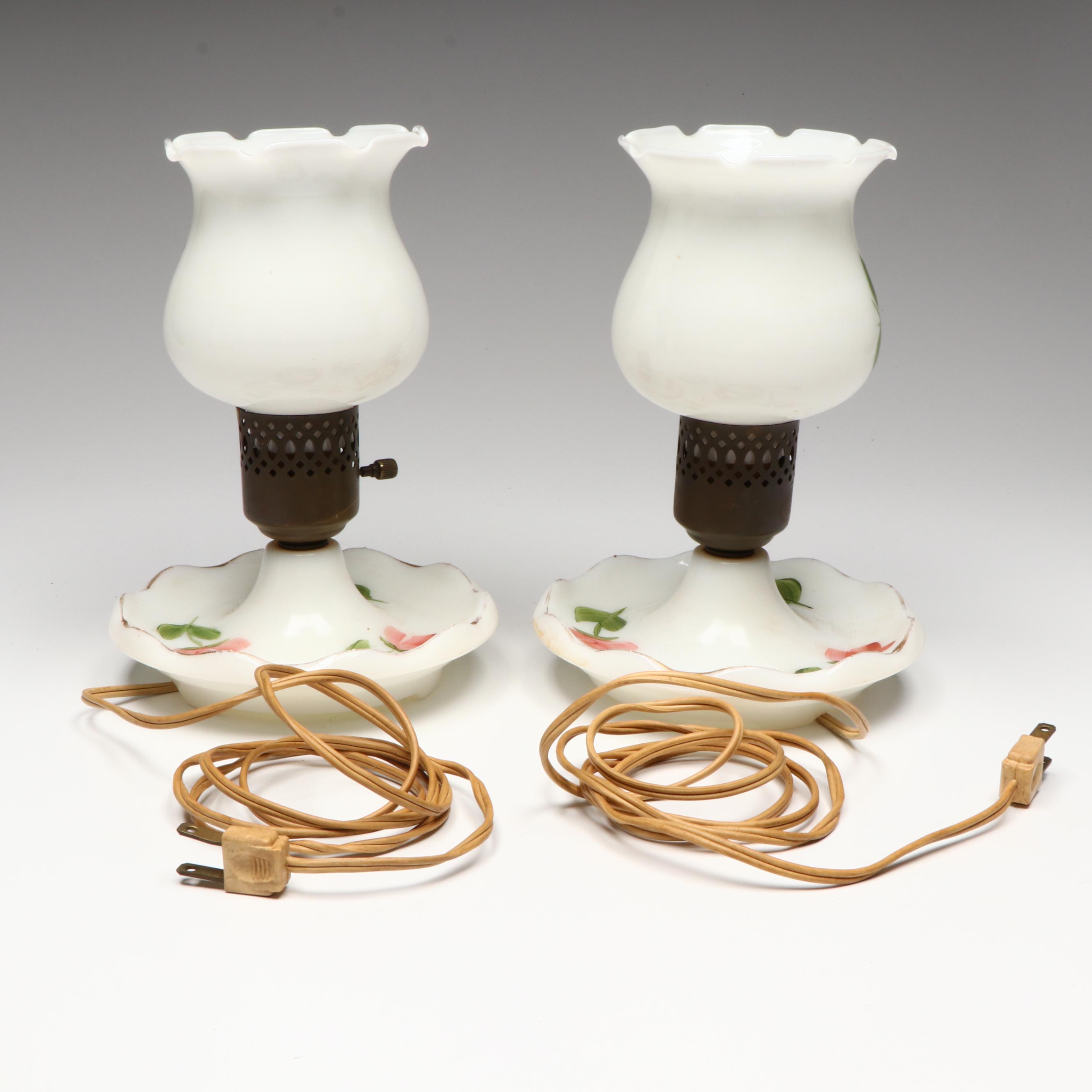 Pair of Hand-Painted Floral Milk Glass Accent Lamps