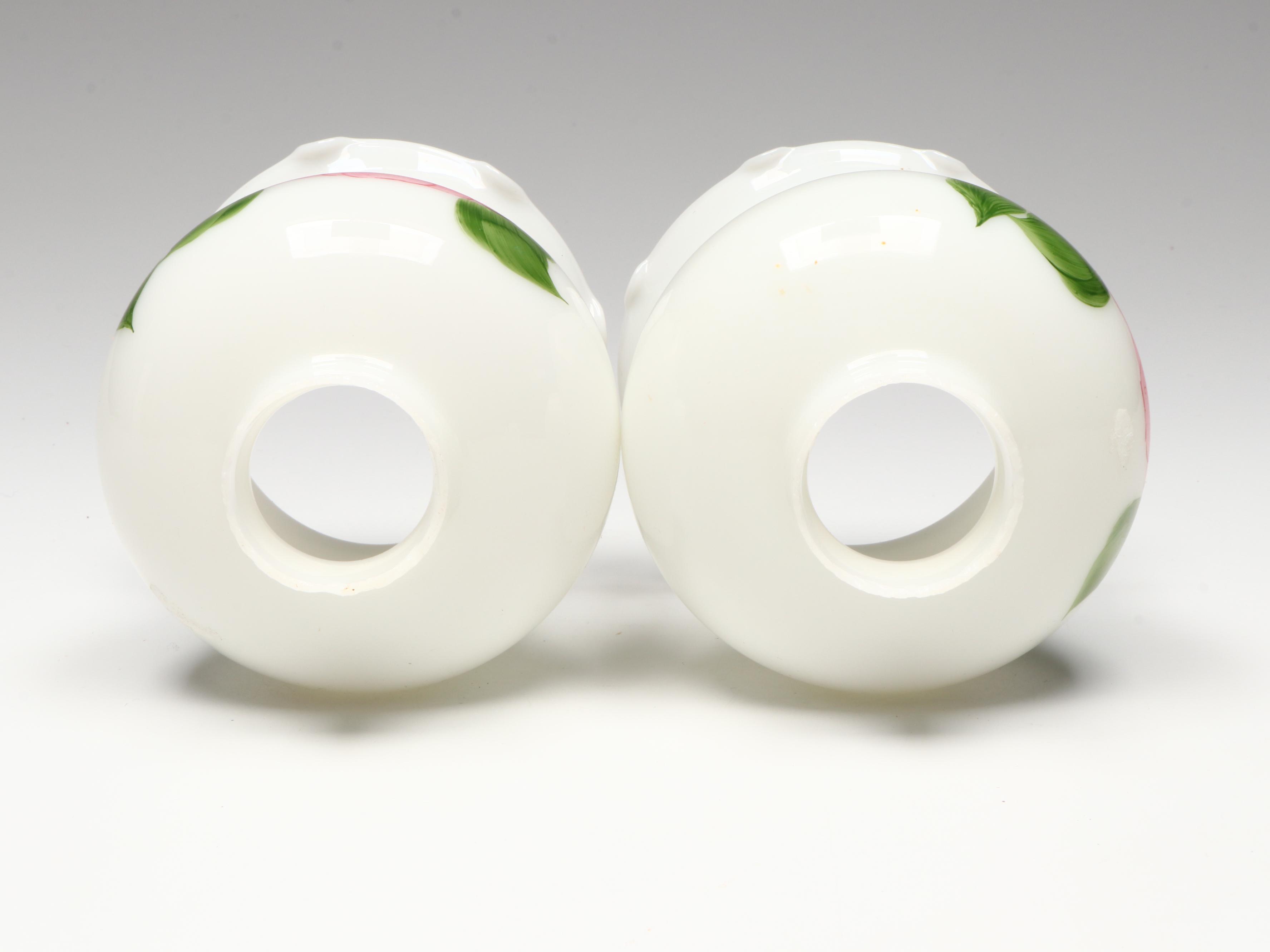 Pair of Hand-Painted Floral Milk Glass Accent Lamps
