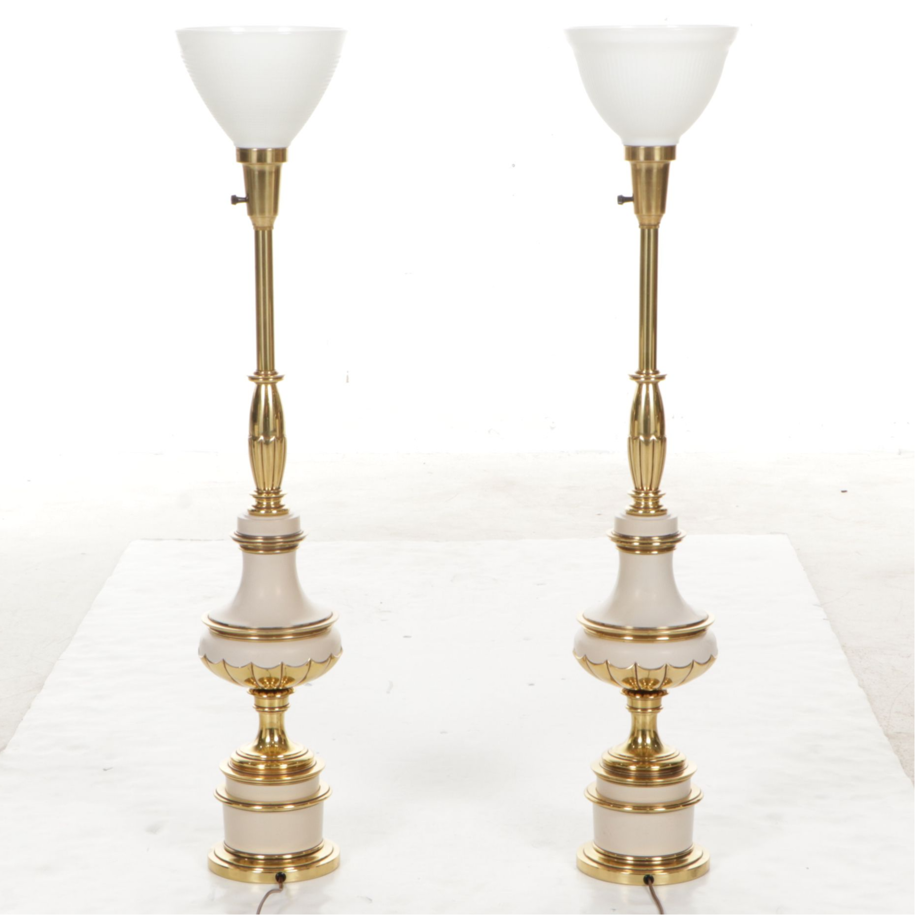 Stiffel Style Brass and Enamel Torchiere Table Lamps, Vintage
