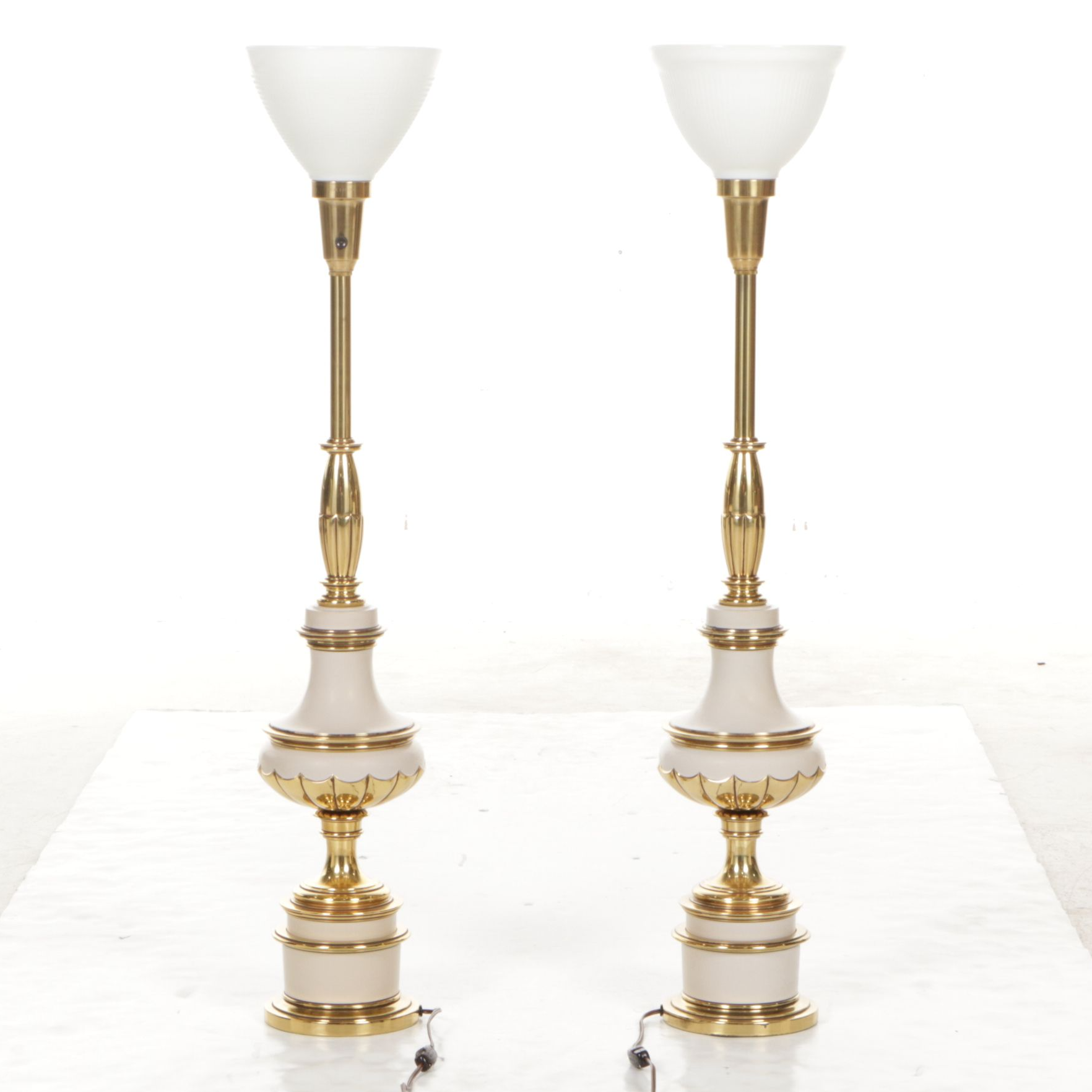 Stiffel Style Brass and Enamel Torchiere Table Lamps, Vintage