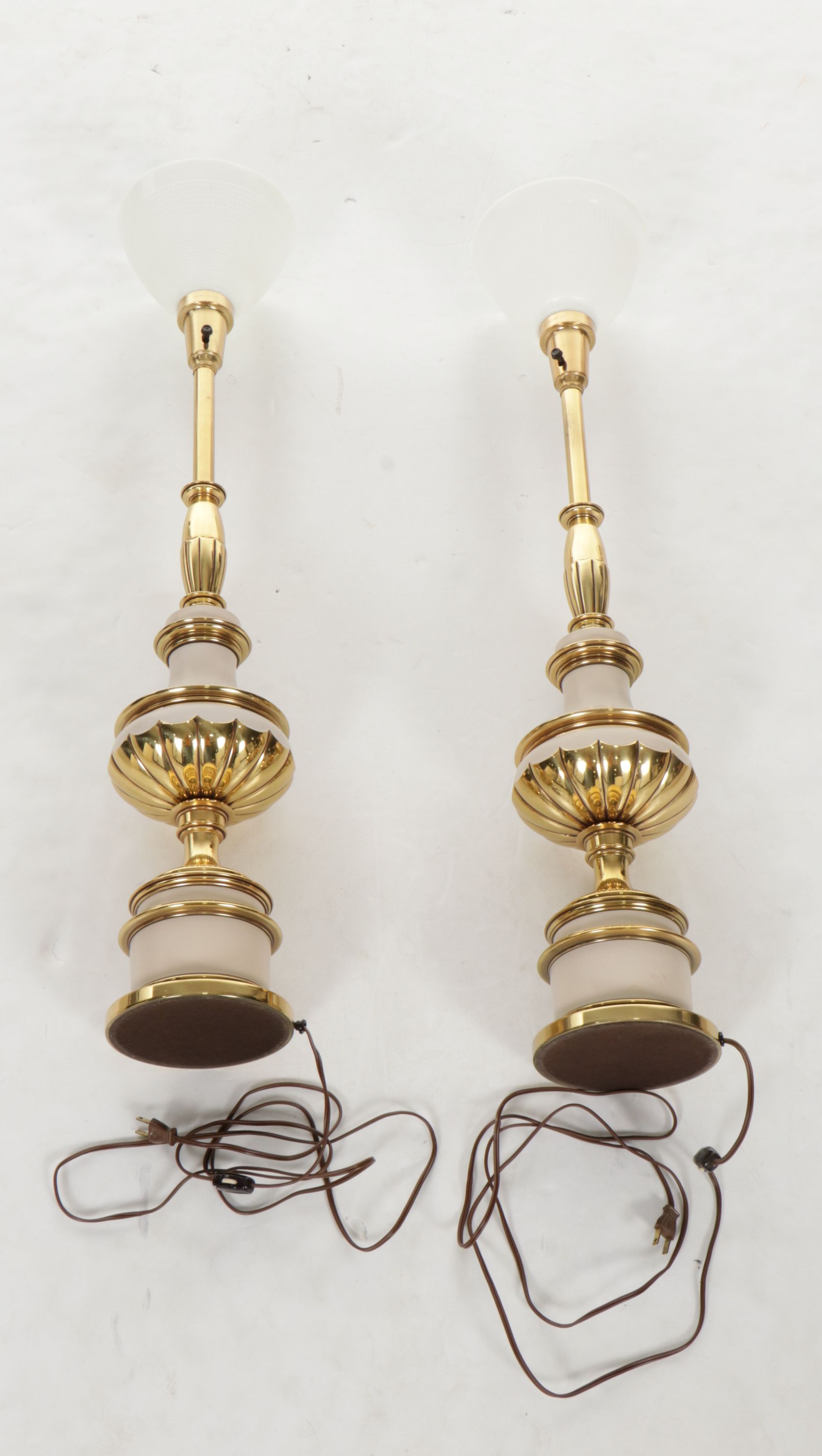 Stiffel Style Brass and Enamel Torchiere Table Lamps, Vintage