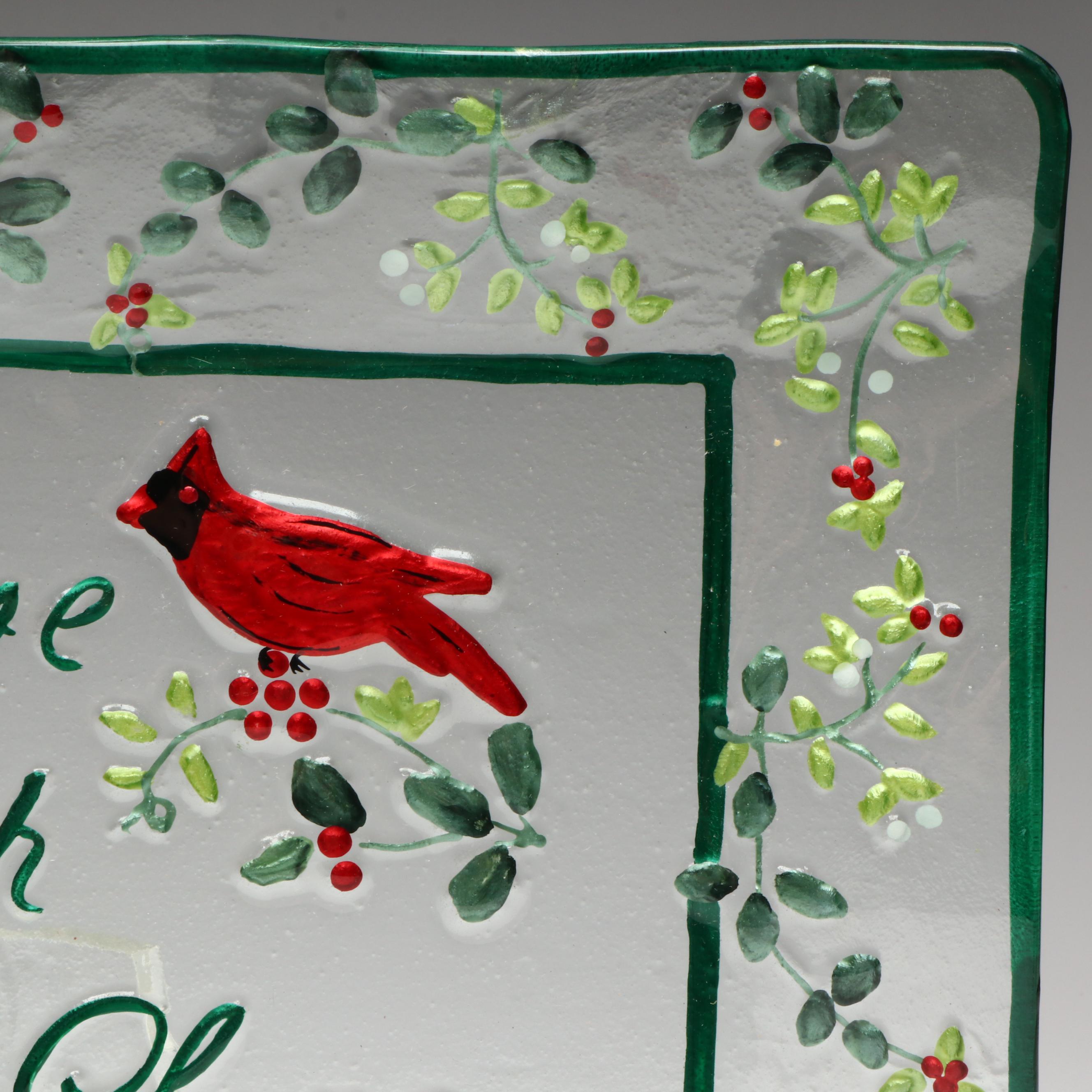 Contemporary Cardinal and Holly Pattern Glass Inspirational Platter