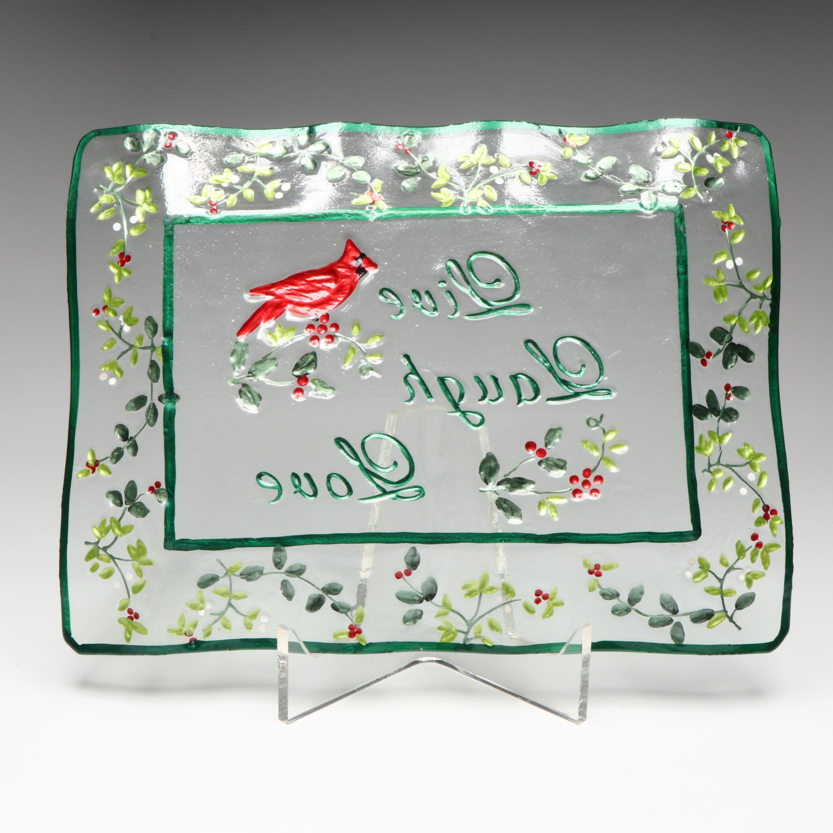 Contemporary Cardinal and Holly Pattern Glass Inspirational Platter