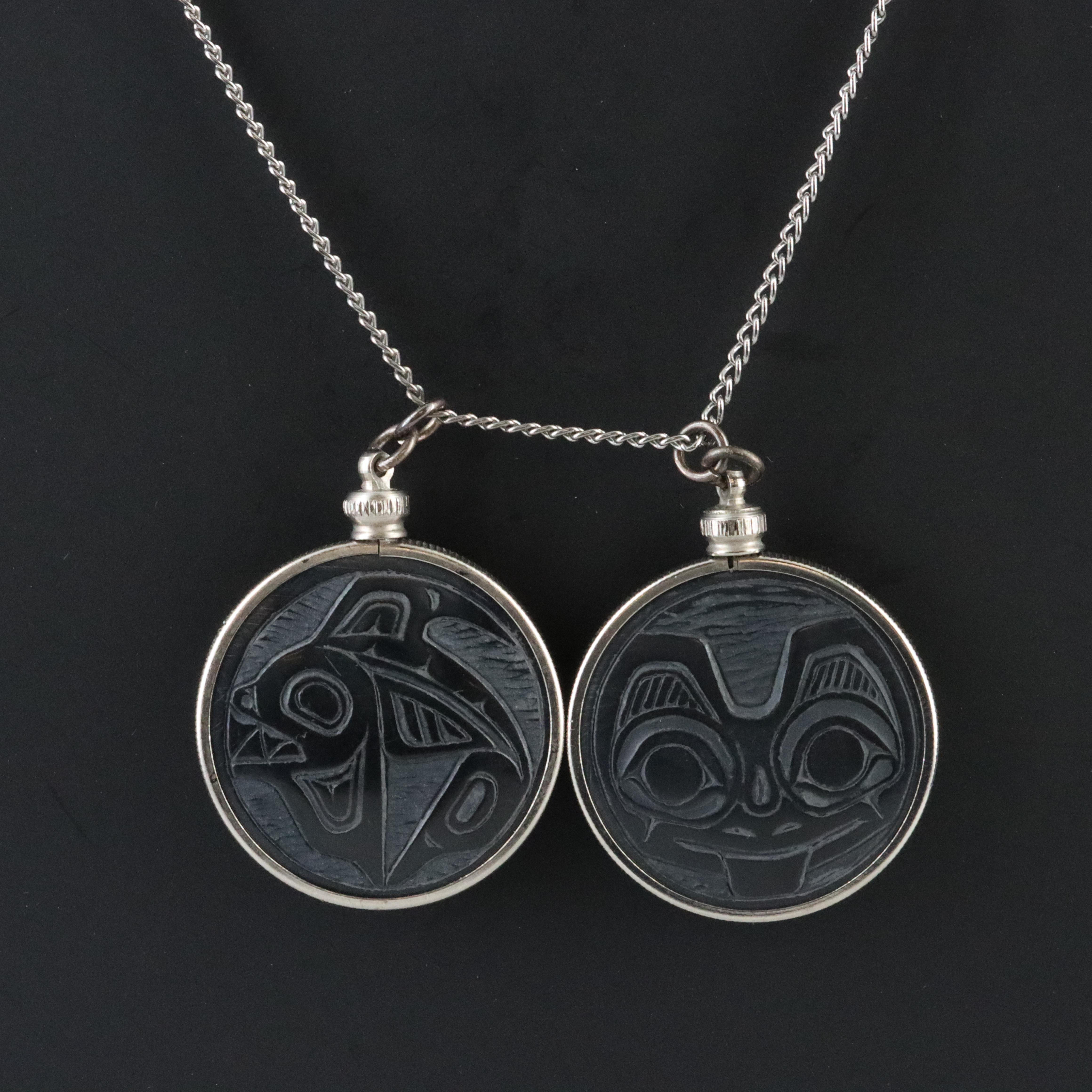 Denny Dixon Haida Carved Argillite Bear and Orca Pendant Necklace
