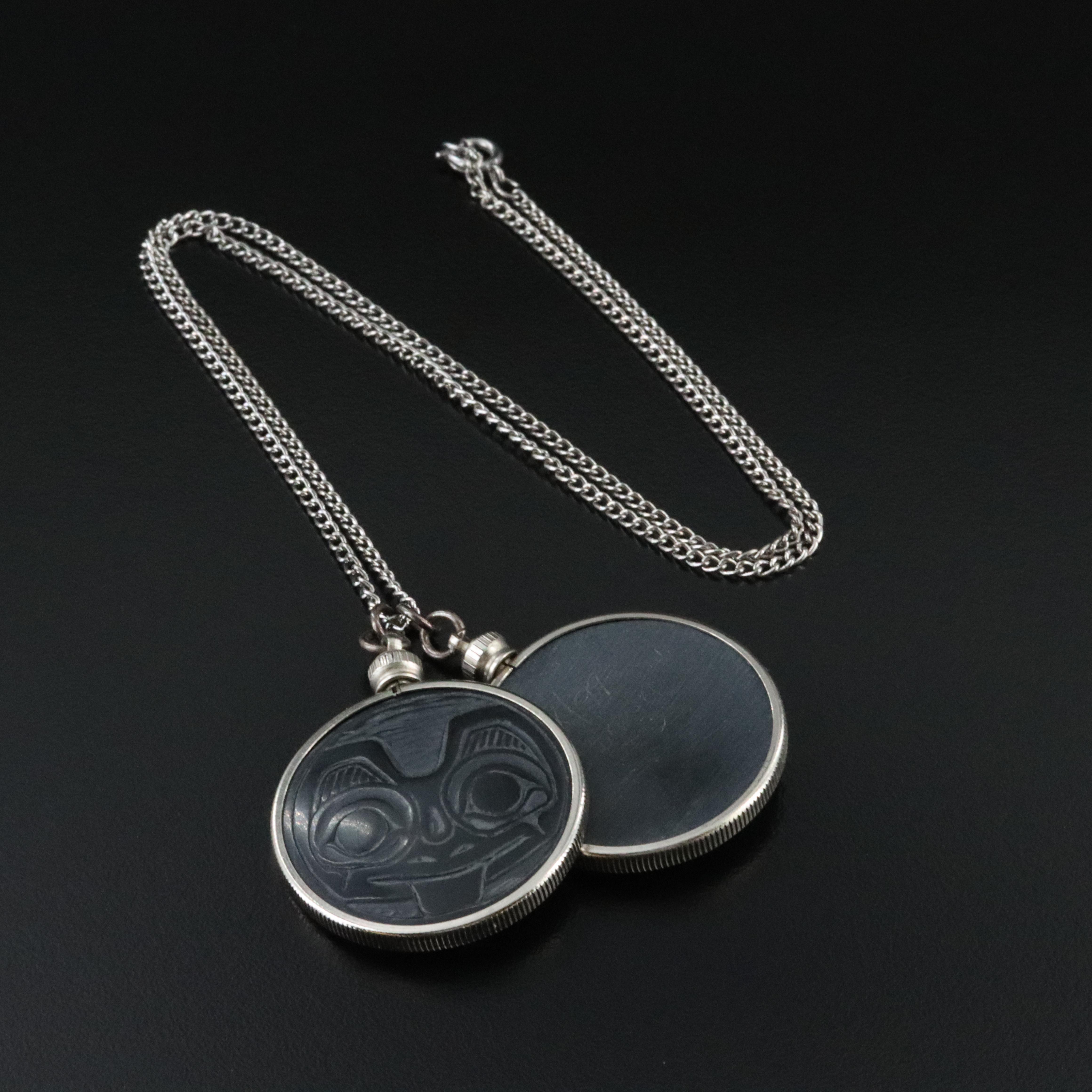 Denny Dixon Haida Carved Argillite Bear and Orca Pendant Necklace