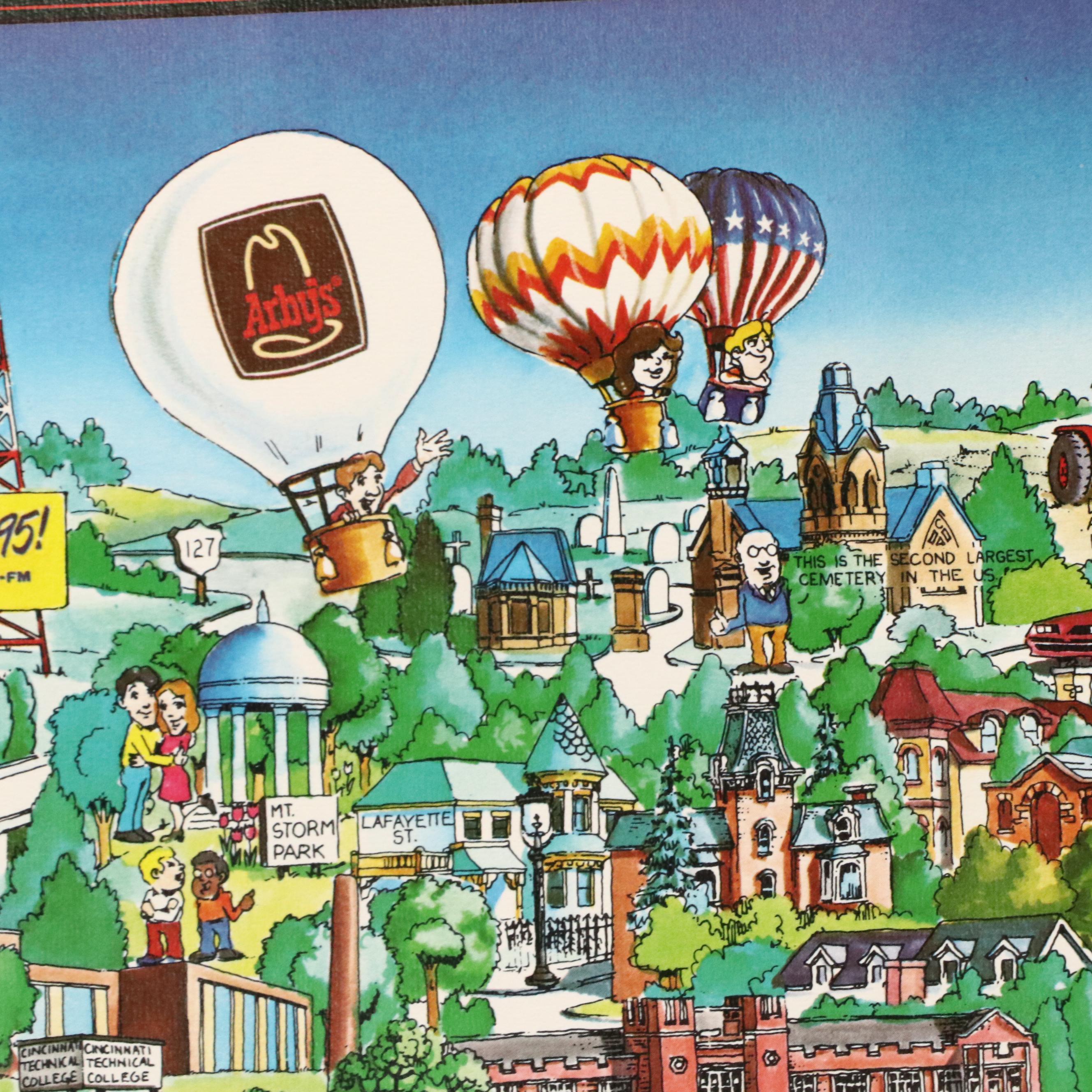 Archar, Inc. Offset Lithograph Caricature Map of Cincinnati, 1982