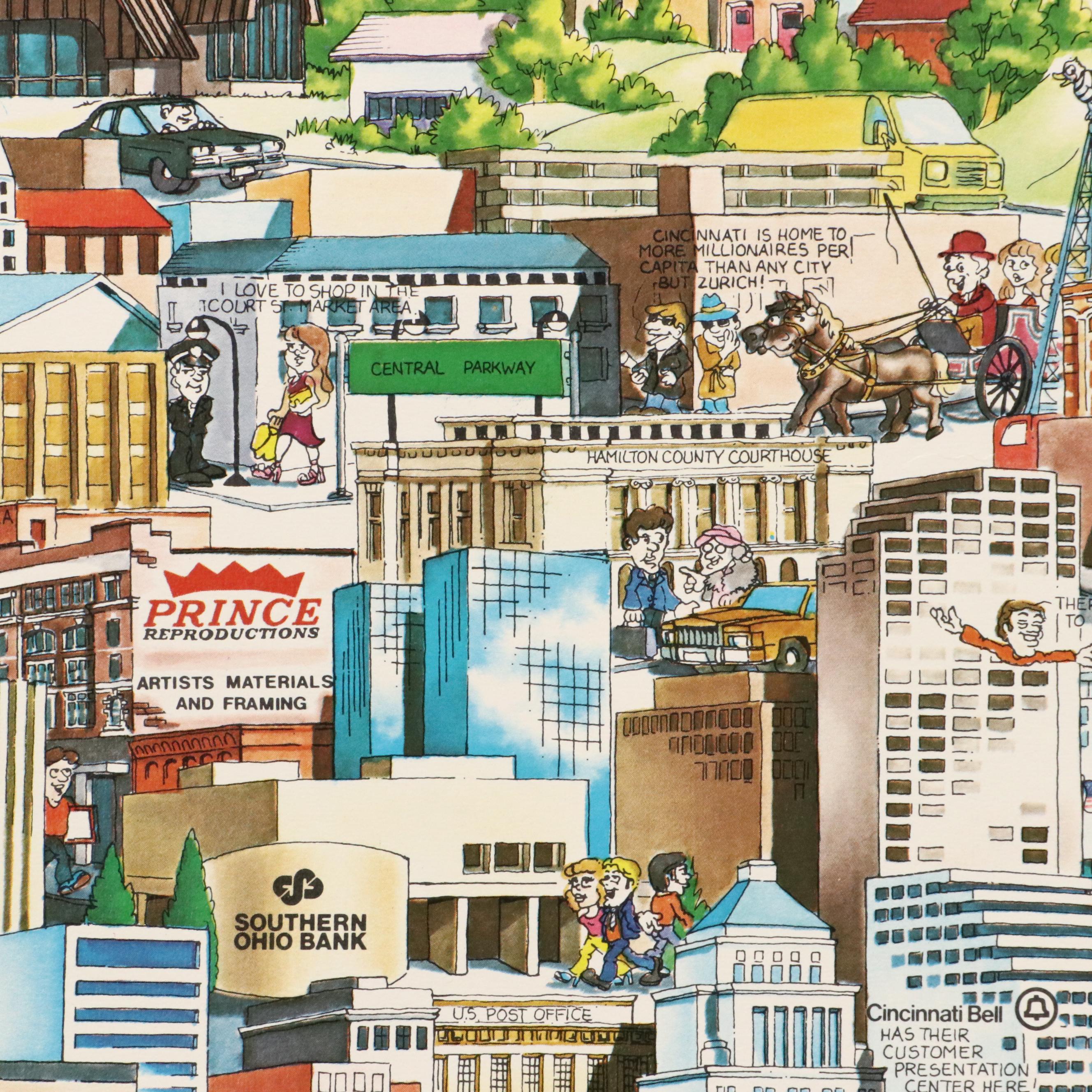 Archar, Inc. Offset Lithograph Caricature Map of Cincinnati, 1982