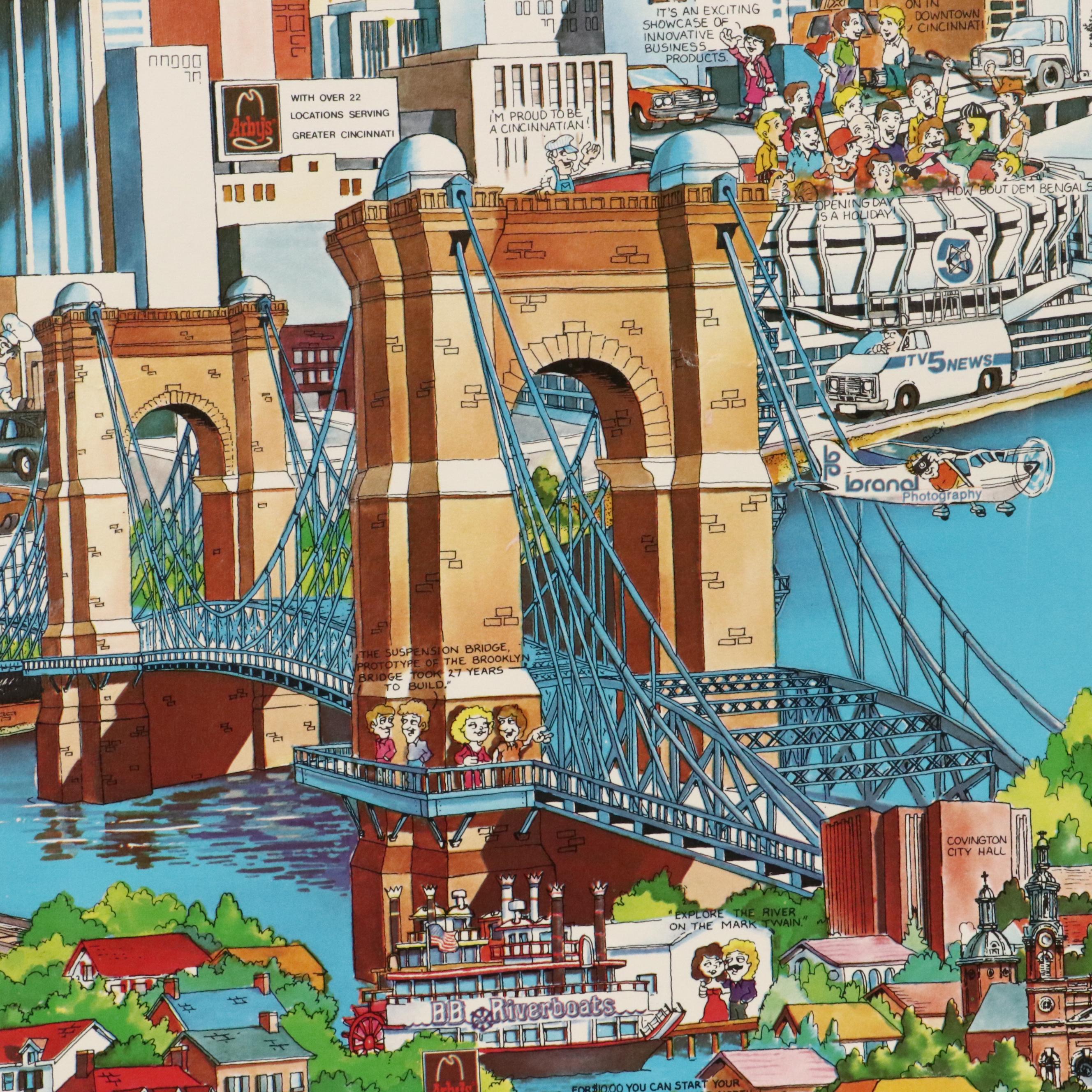 Archar, Inc. Offset Lithograph Caricature Map of Cincinnati, 1982