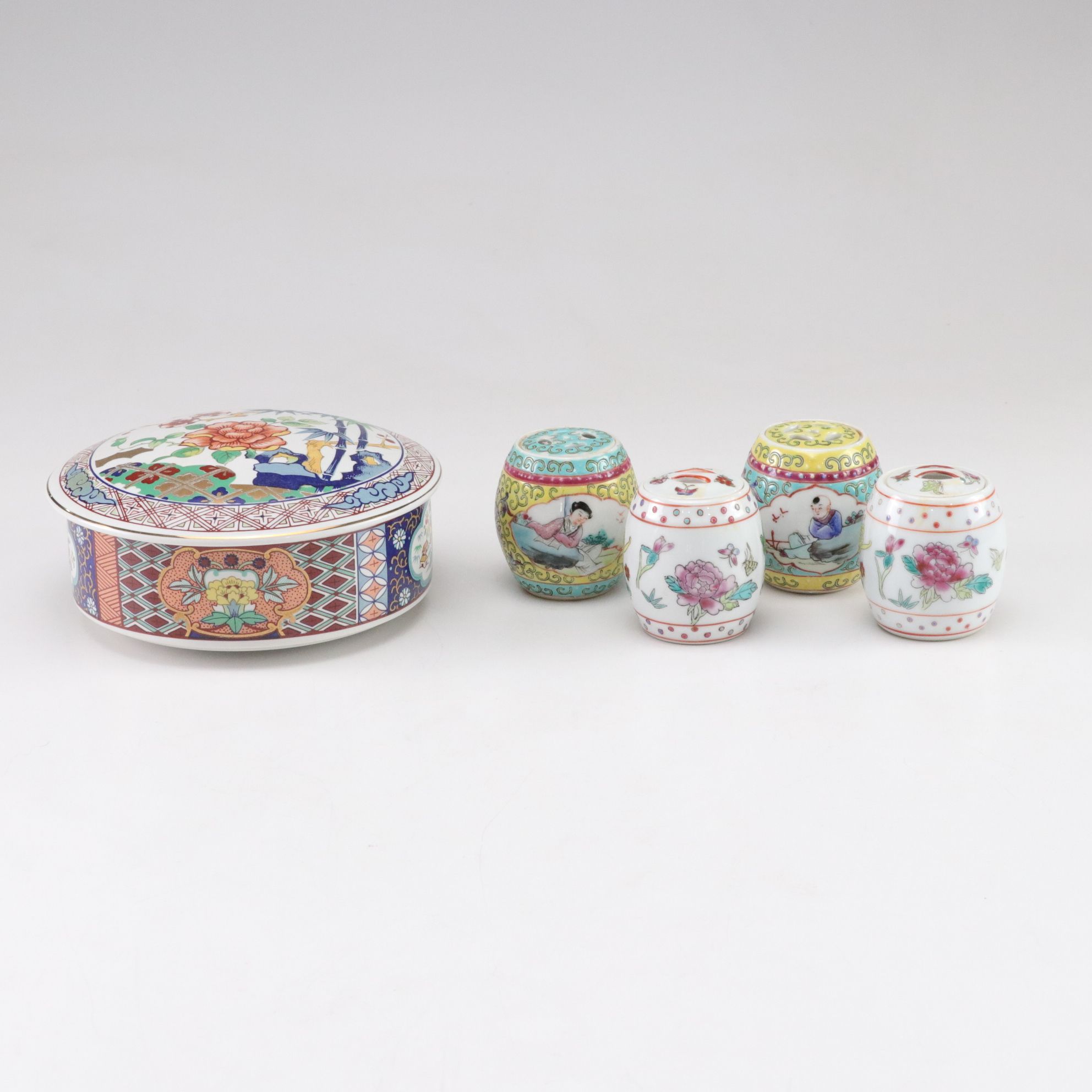 Japanese Imari Ware Ceramic Box with Four Chinese Porcelain Lidded Jars
