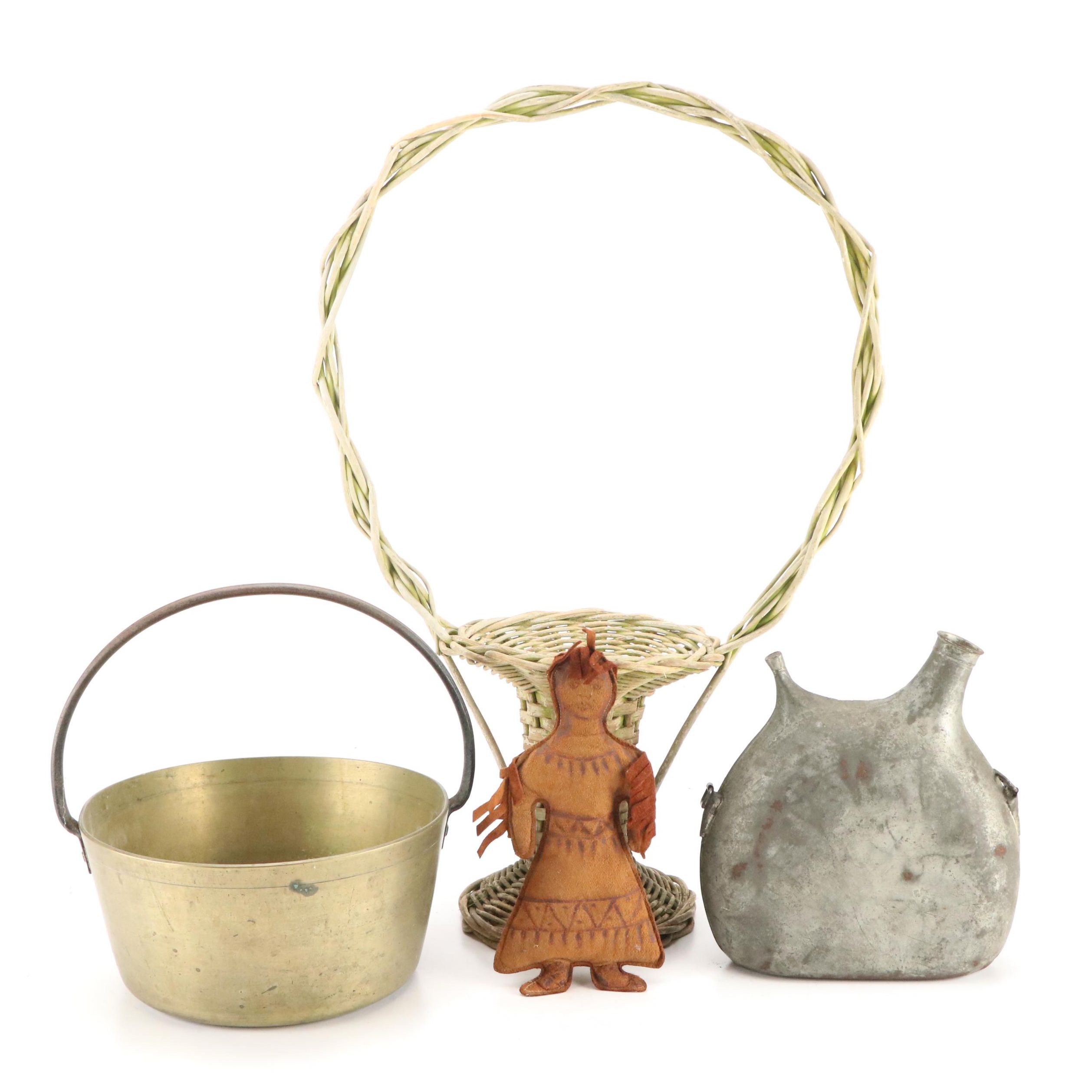 French WWI Era Metal Canteen with Native American Leather Doll and Other Décor