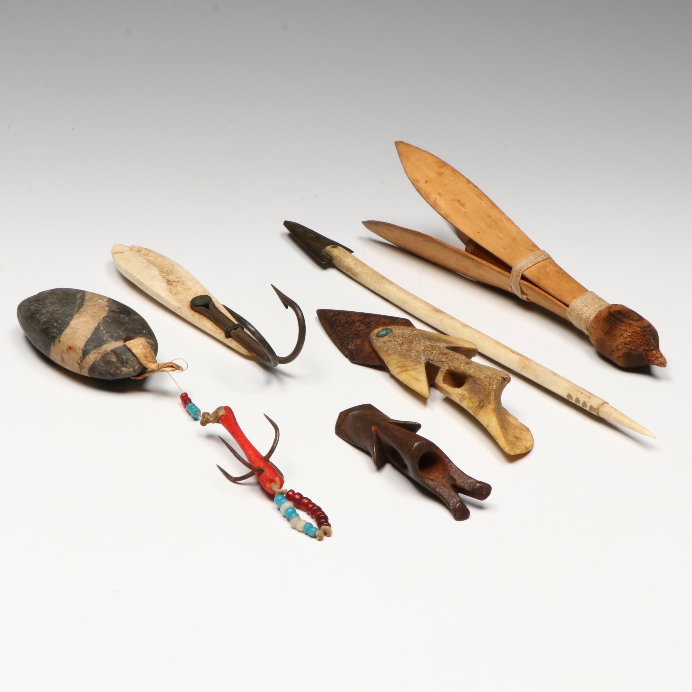 Indigenous Arctic Carved Bone and Other Fishing Implements