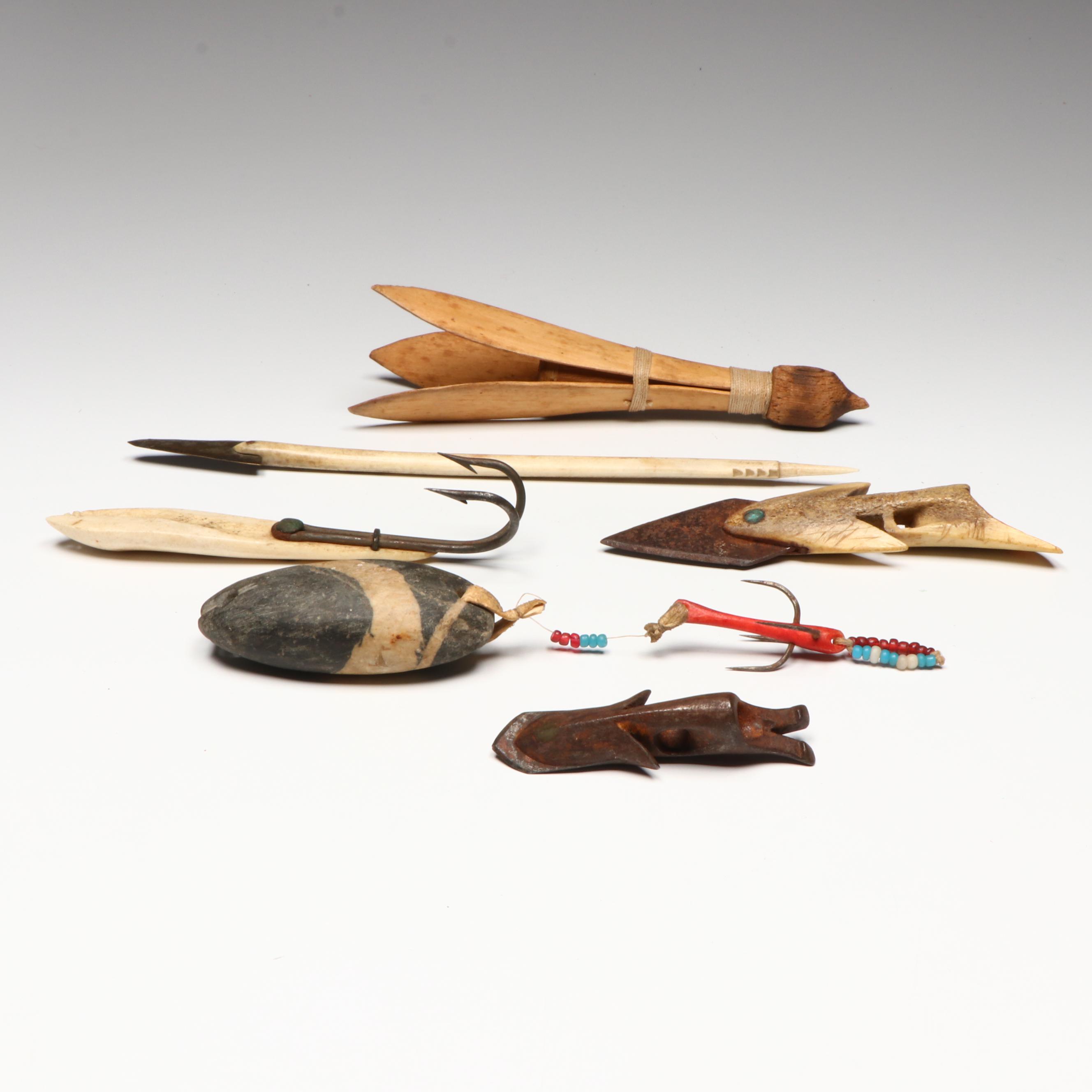 Indigenous Arctic Carved Bone and Other Fishing Implements