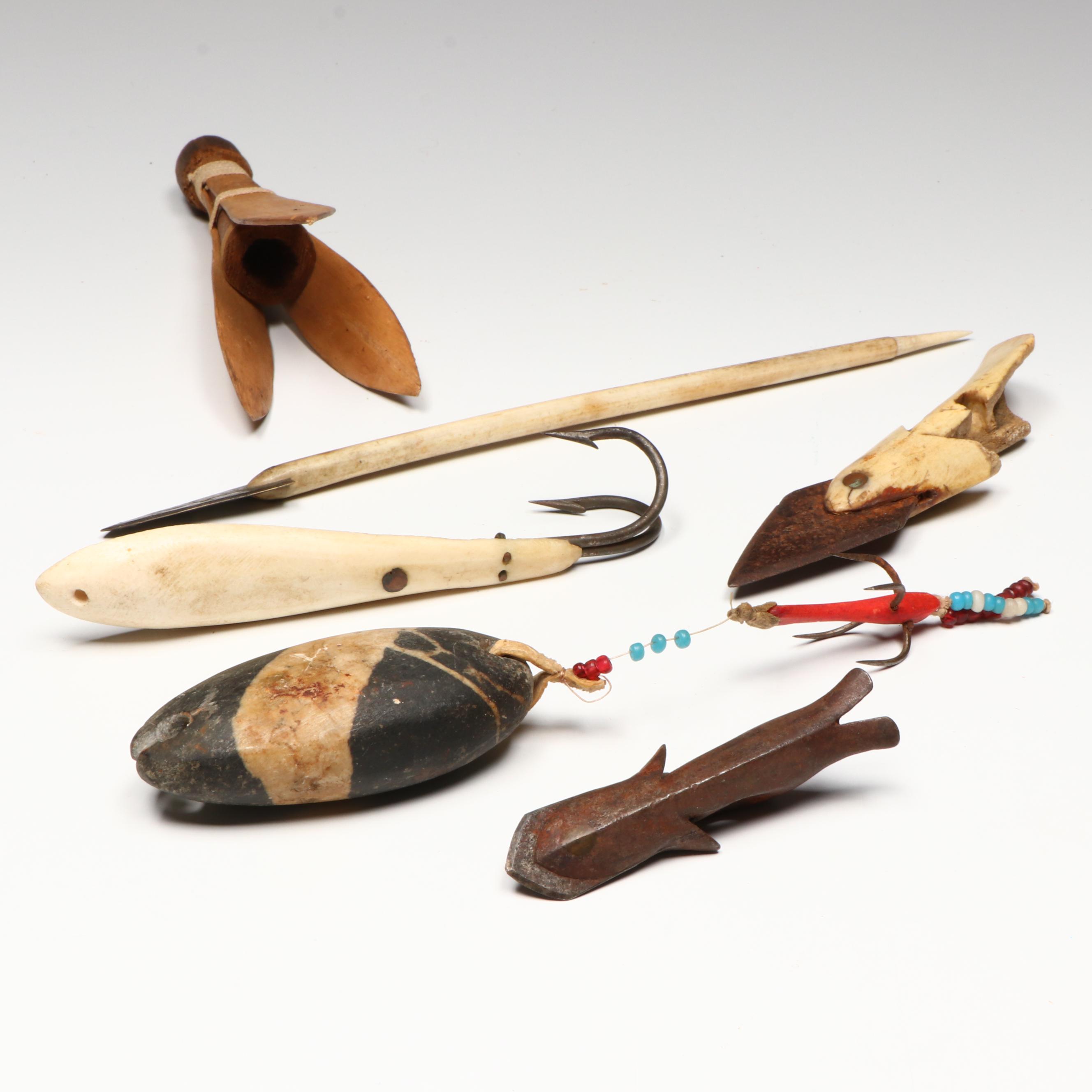 Indigenous Arctic Carved Bone and Other Fishing Implements