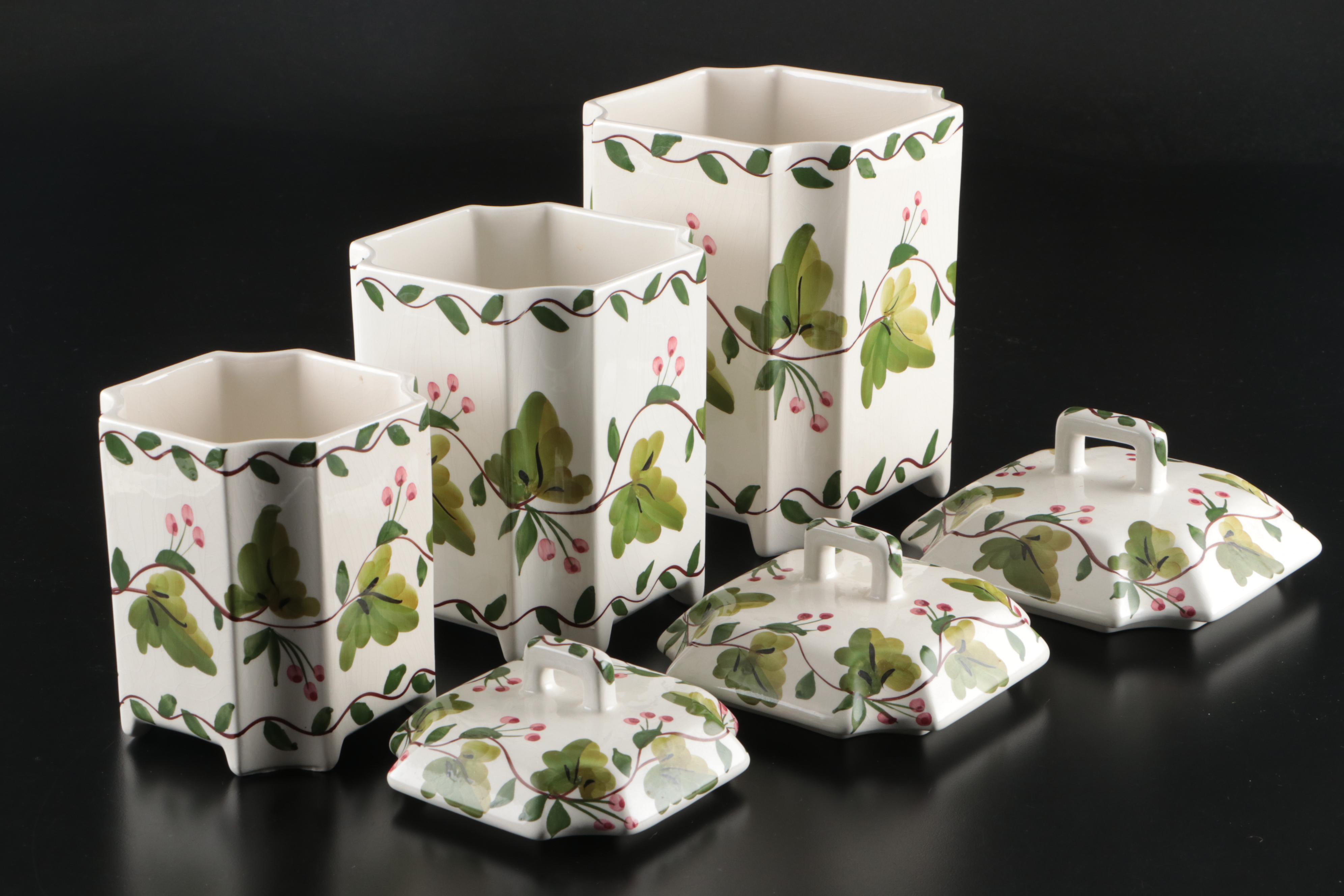 Casa Fina Portuguese Hand-Painted Leaf and Berry Ceramic Lidded Jars