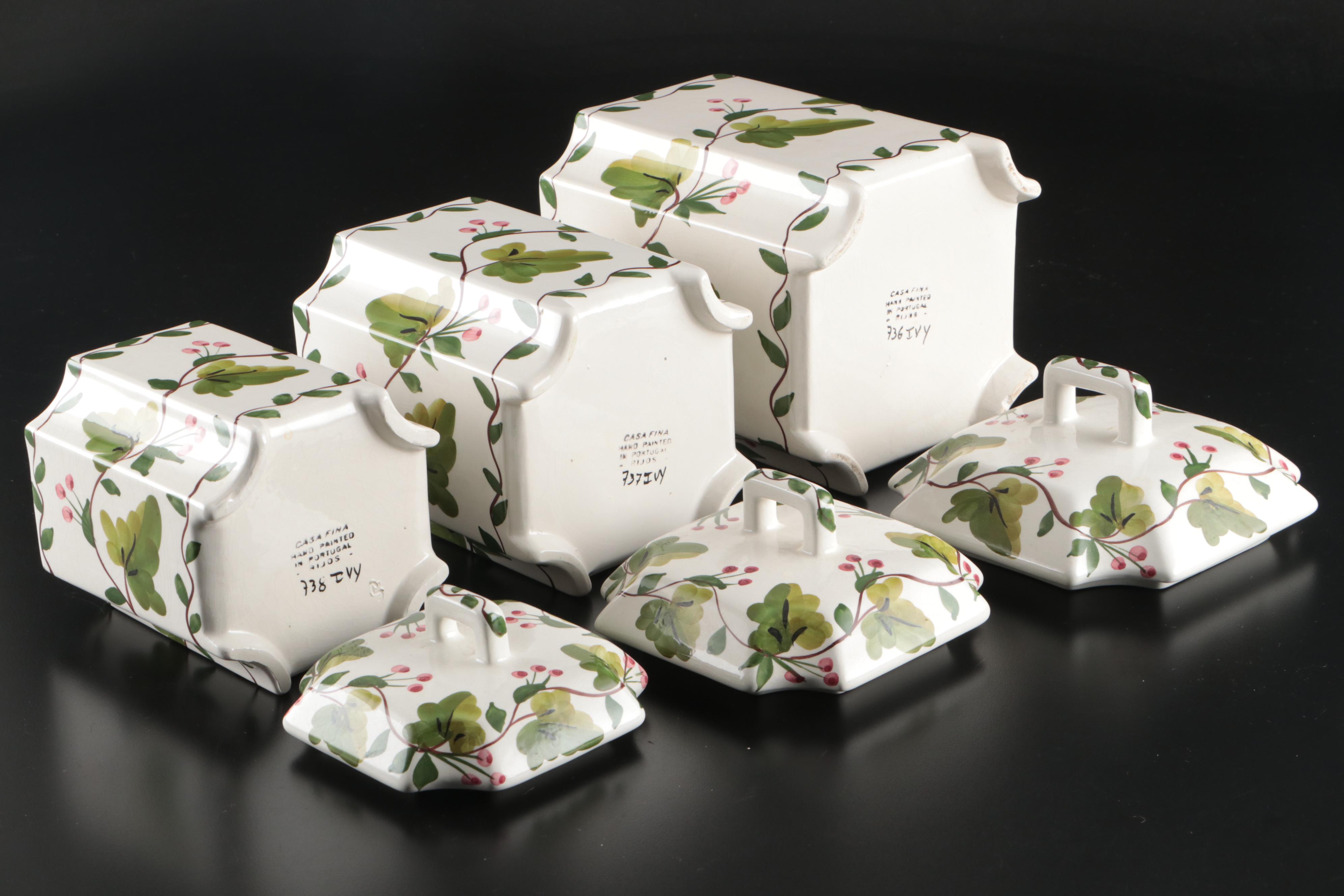 Casa Fina Portuguese Hand-Painted Leaf and Berry Ceramic Lidded Jars